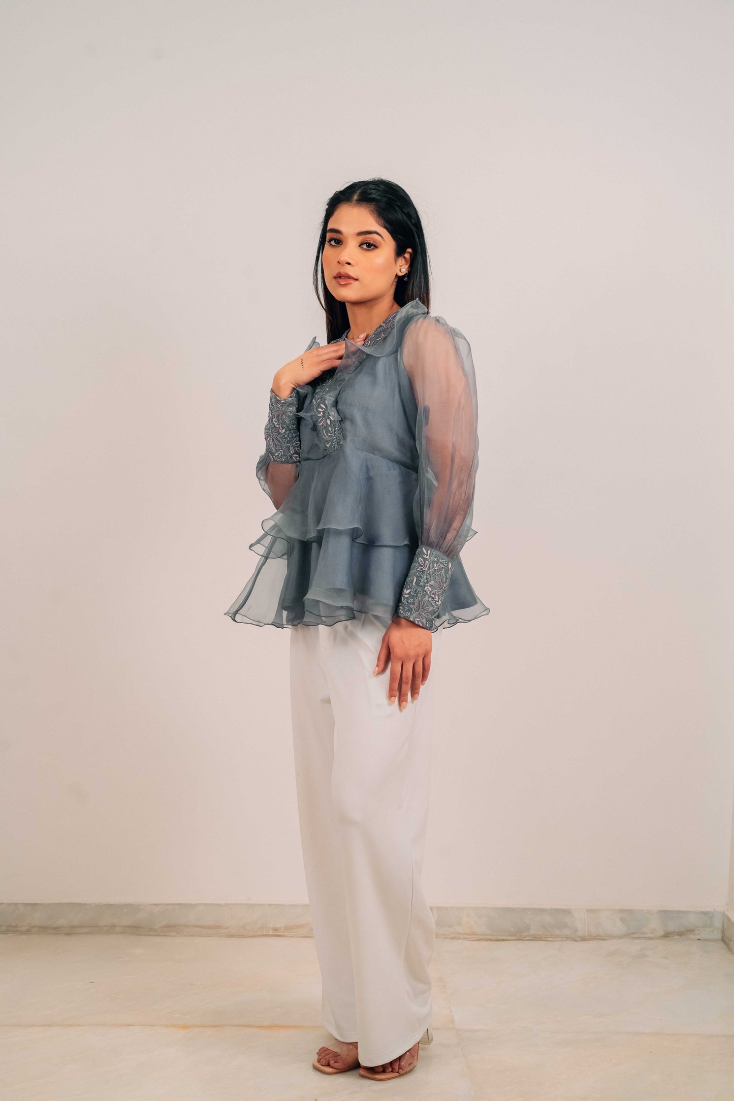 Slate Grey Organza Chikankari Peplum Top