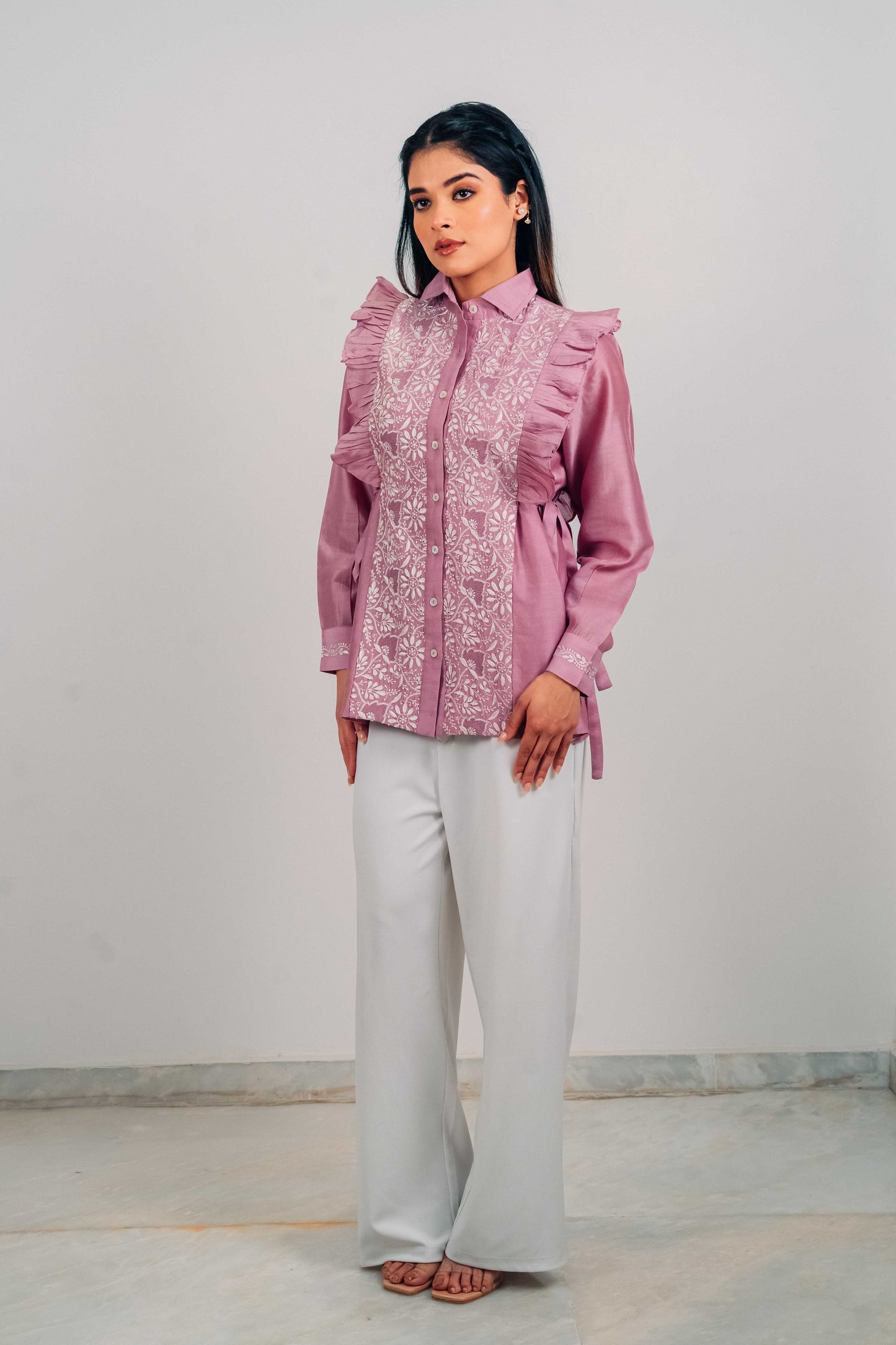 Lilac Chanderi Silk Tie-Up Shirt