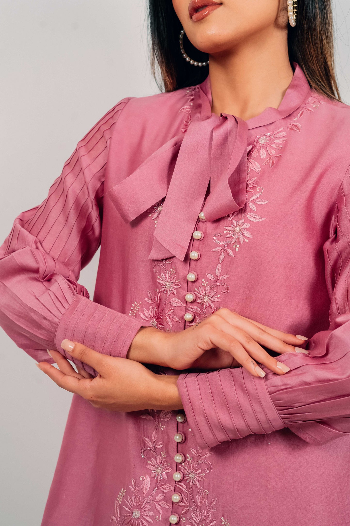 Purple Mauve Chanderi Silk Pearl Button Shirt