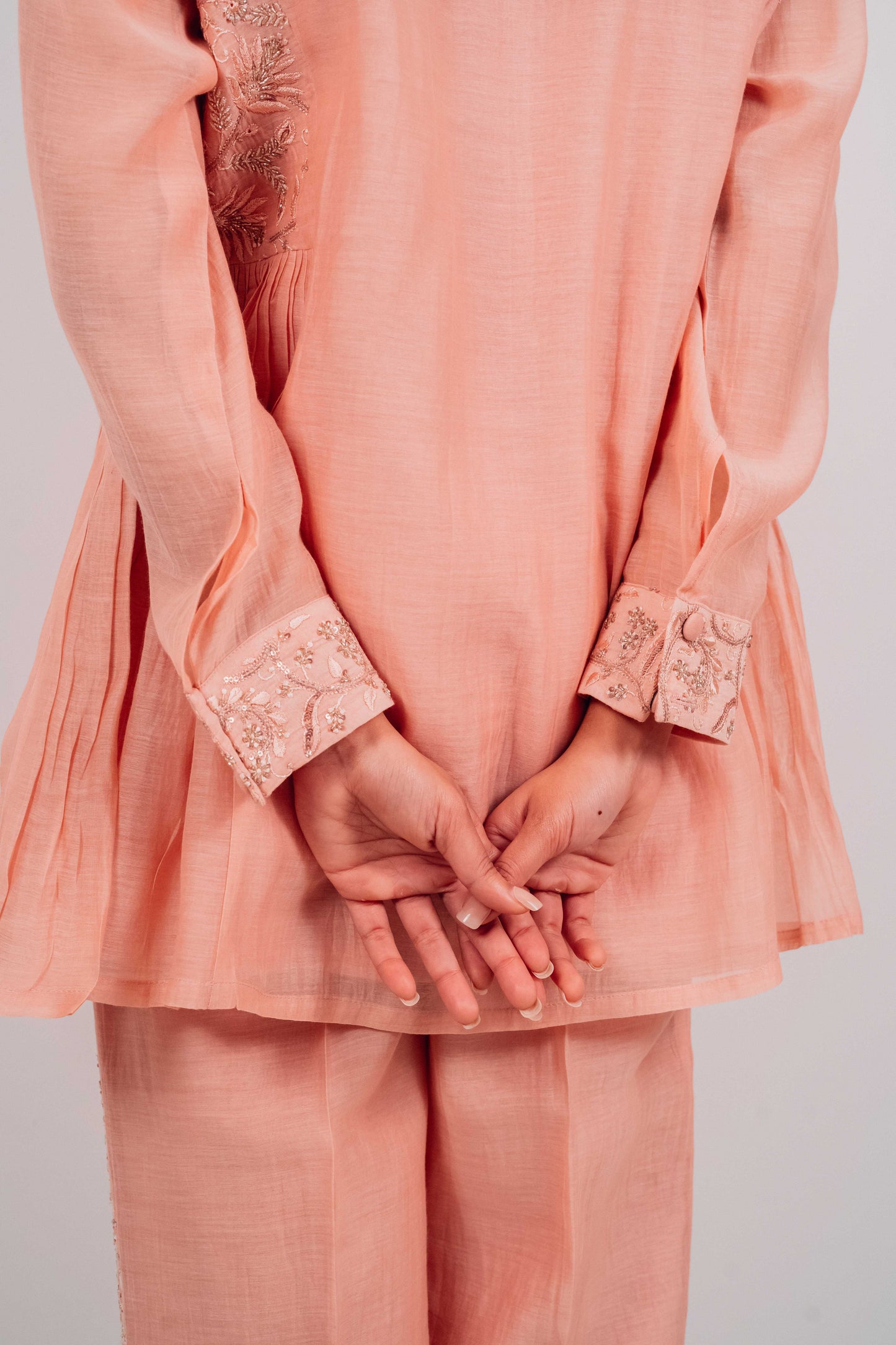 Peach Mul Chanderi Gather Detail Co-Ord Set