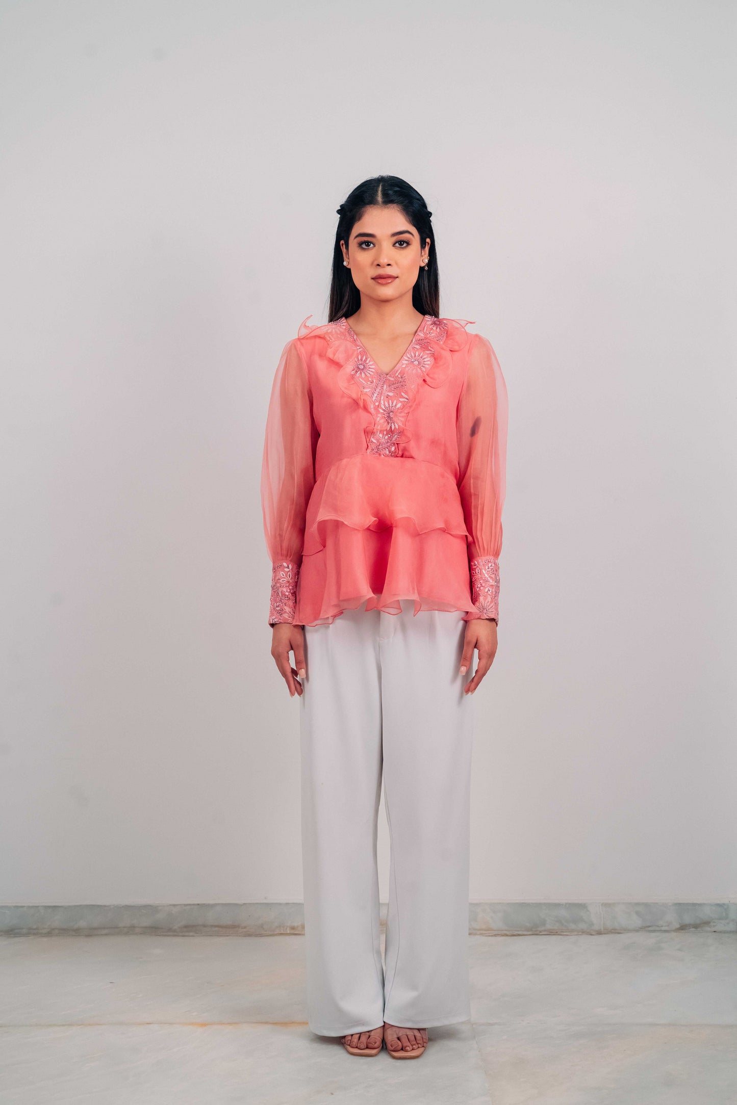 Onion Pink Organza Chikankari Peplum Top