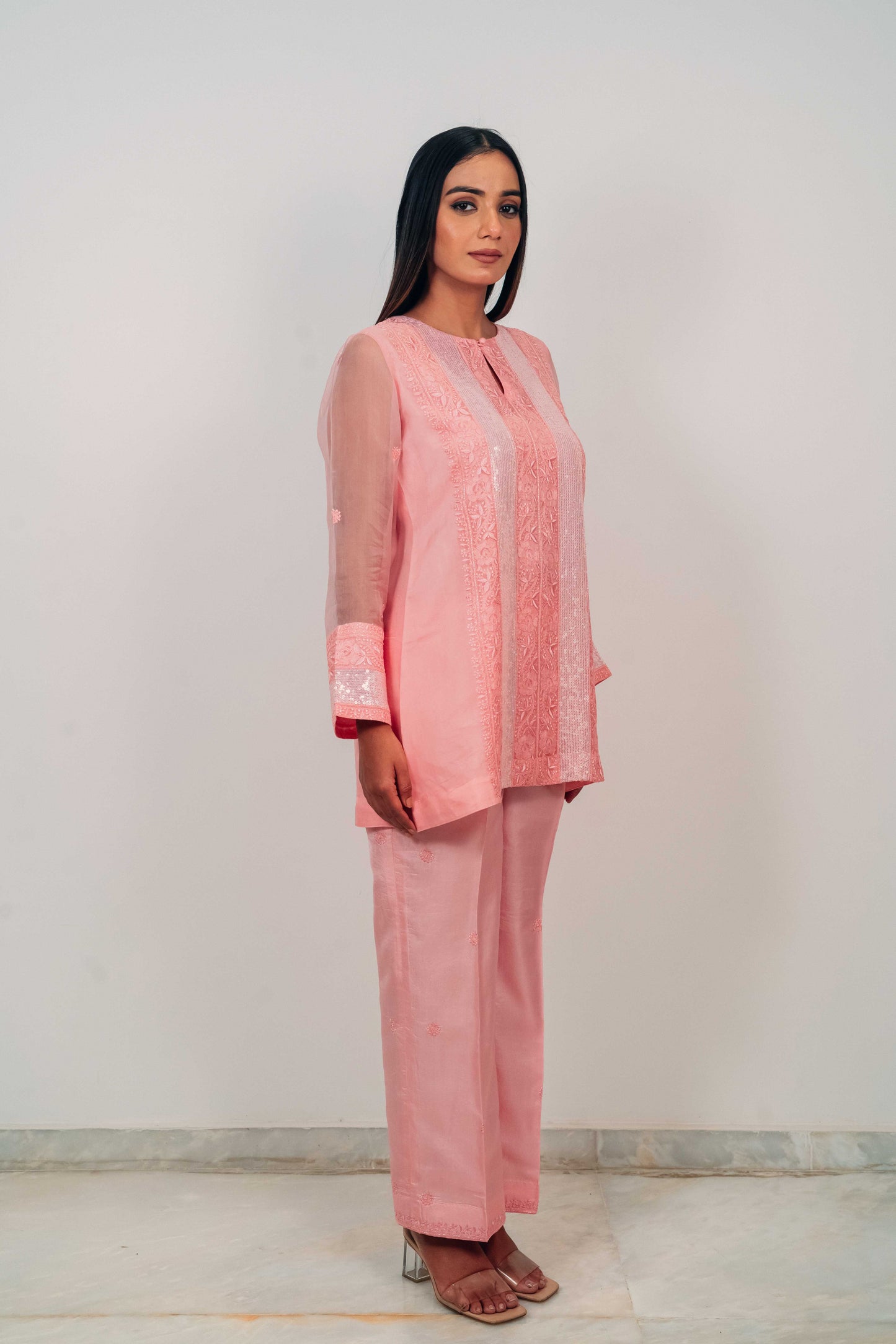 Pink Organza and Silk Chikankari Co-Ord Set