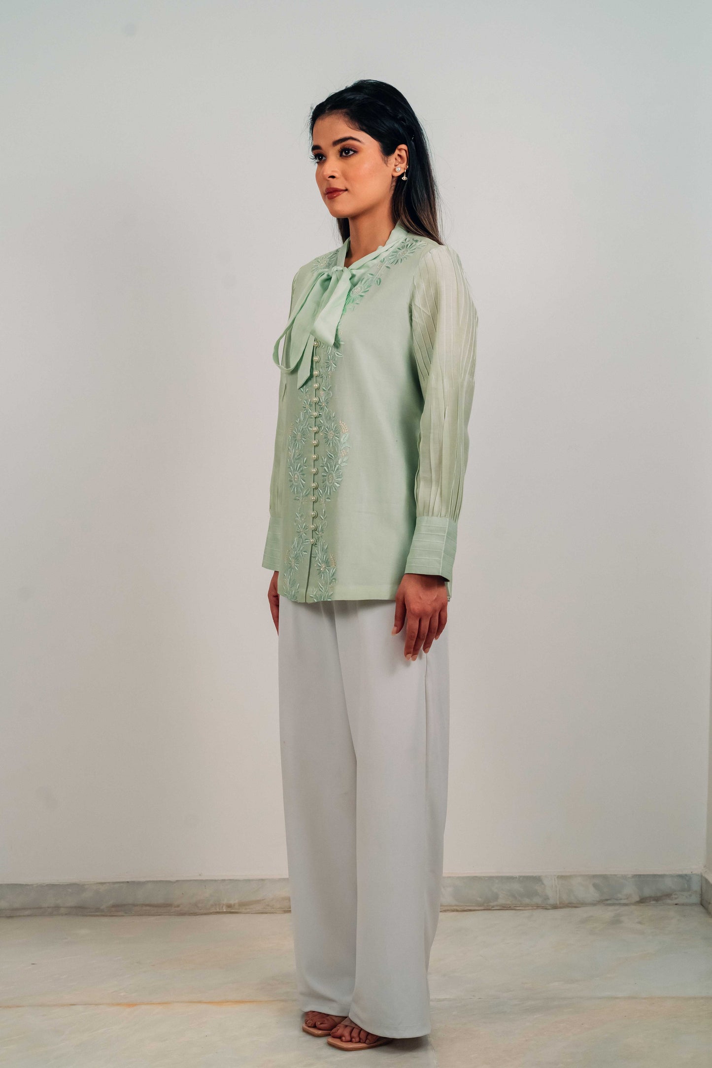 Pistachio Green Chanderi Silk Pearl Button Shirt