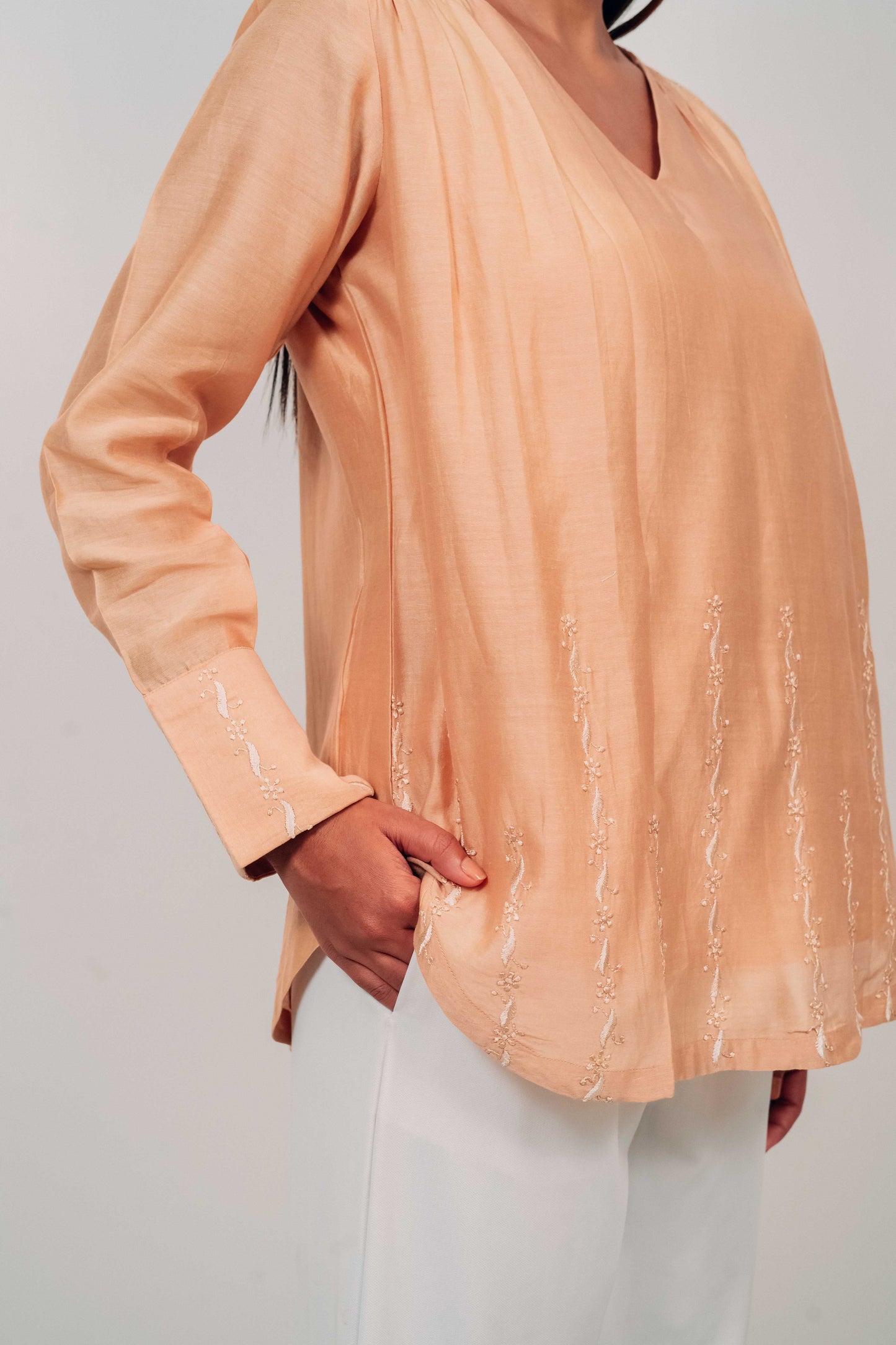 Light Brown Chanderi Silk U-Shaped Hem Top