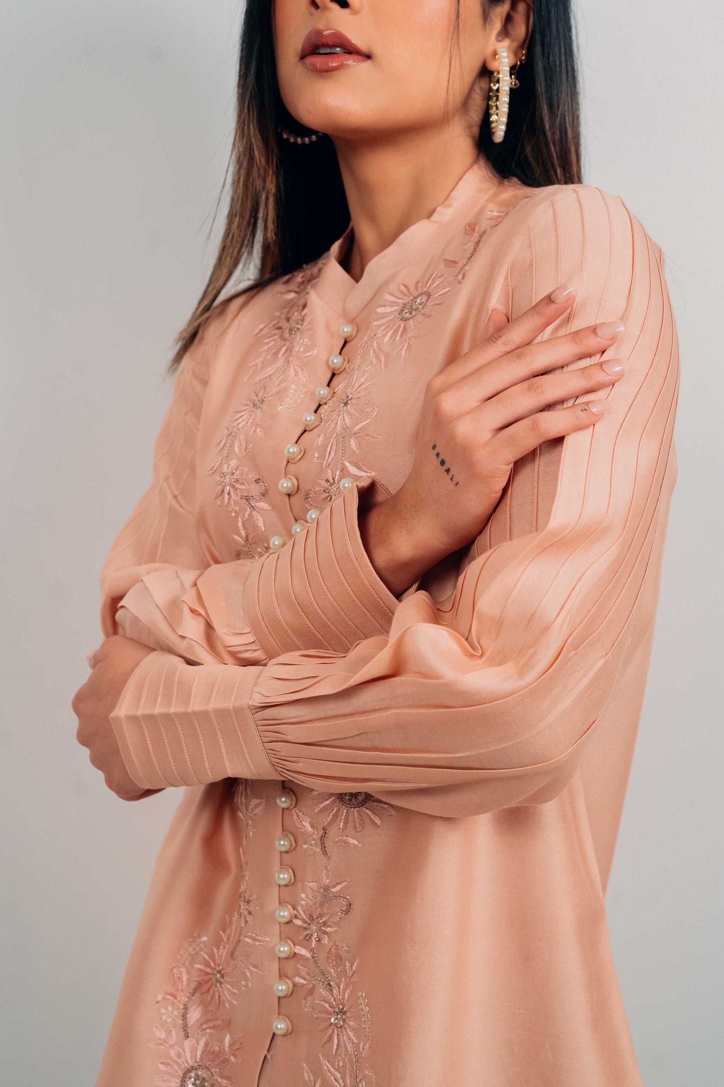 Peach Chanderi Silk Pearl Button Co-Ord Set