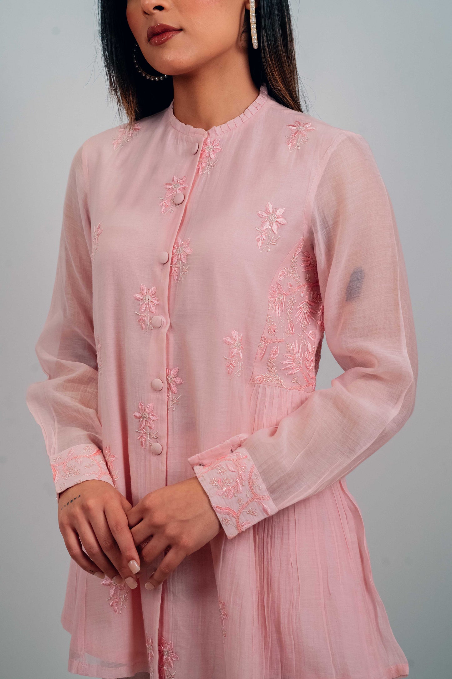 Baby Pink Mul Chanderi Gather Detail Co-Ord Set