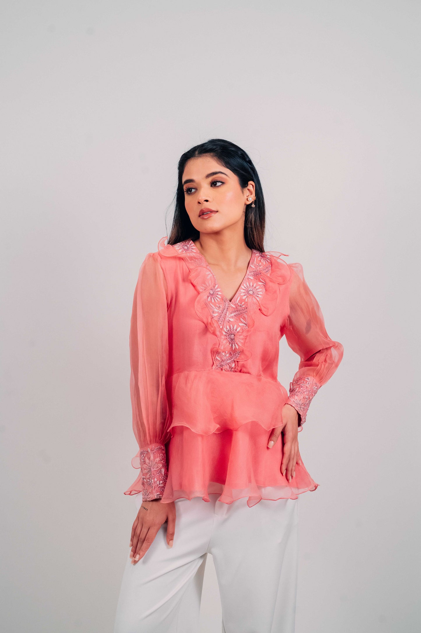 Onion Pink Organza Chikankari Peplum Top