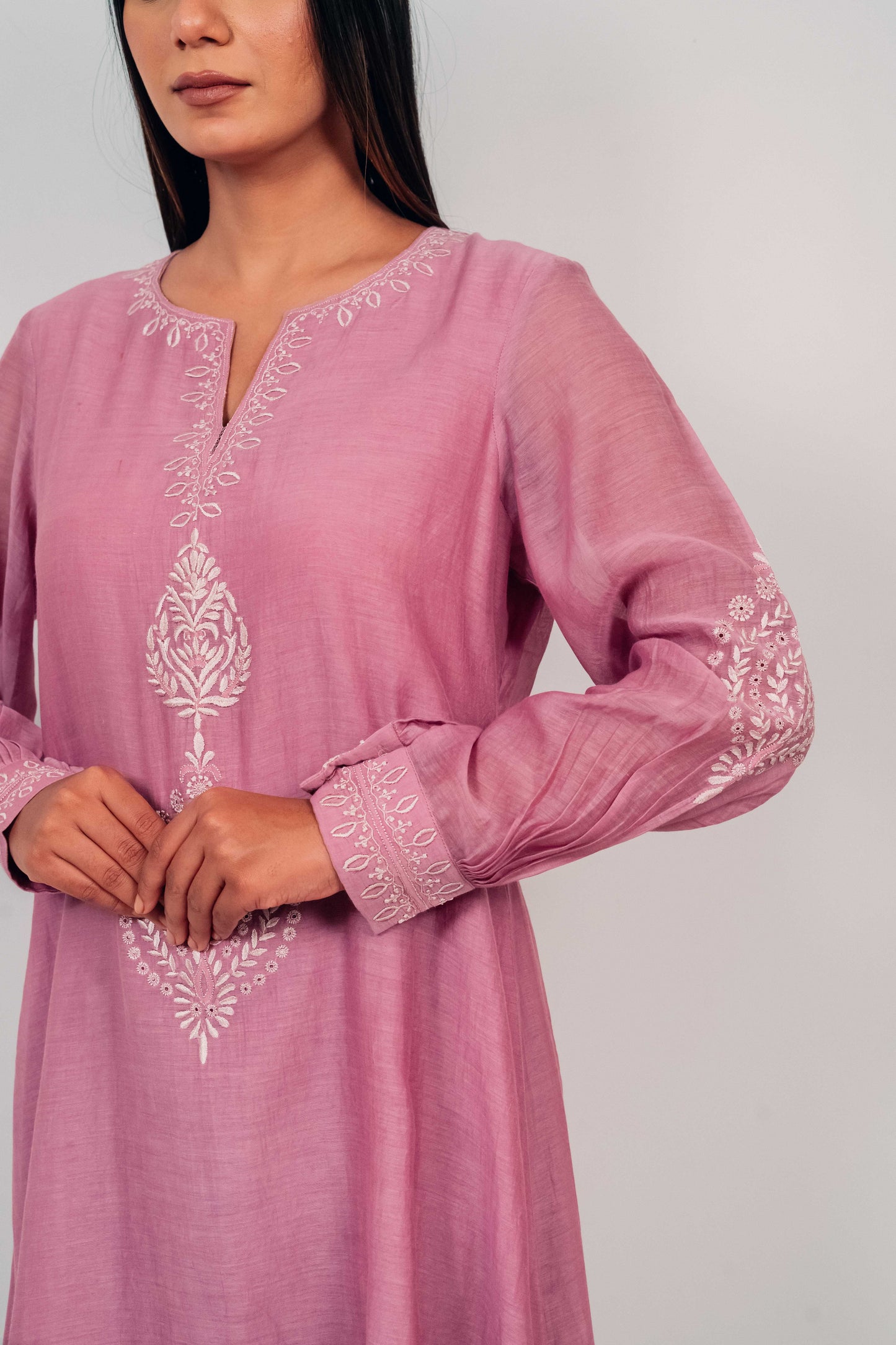 Mauve Purple Mul Chanderi Double Frill Long Dress