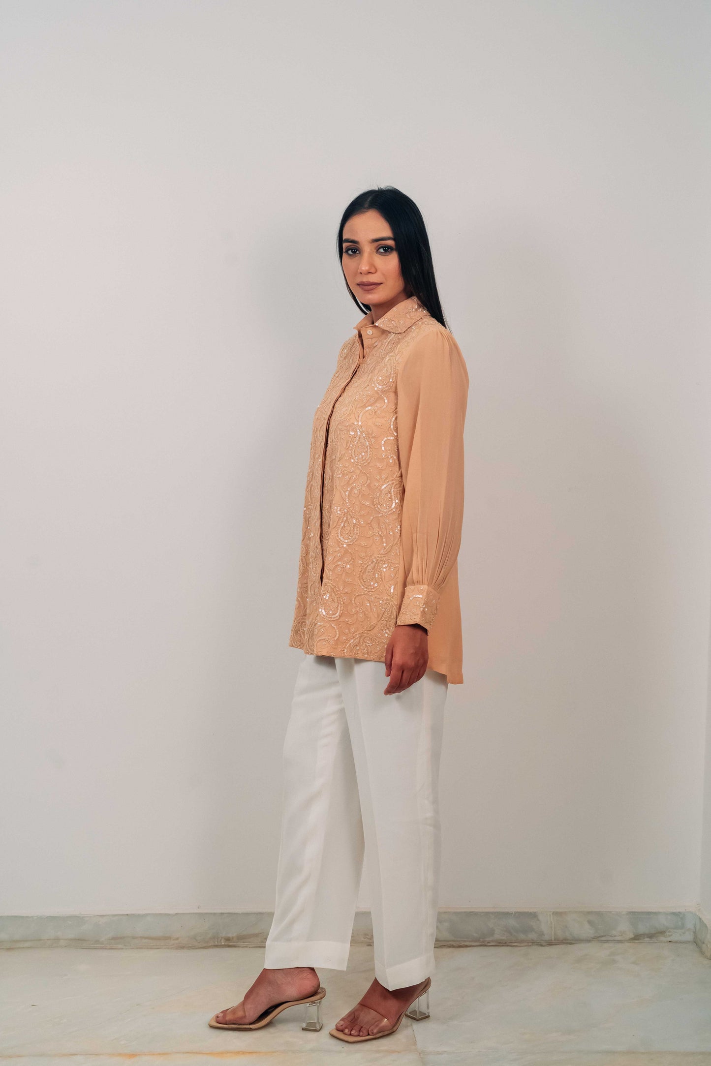 Light Brown Pure Georgette Highlighted Chikankari Shirt