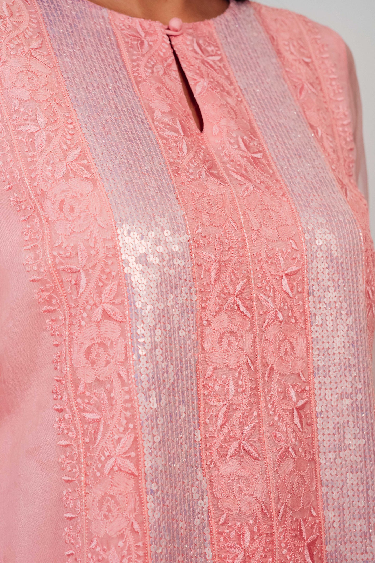 Pink Organza and Silk Chikankari Co-Ord Set