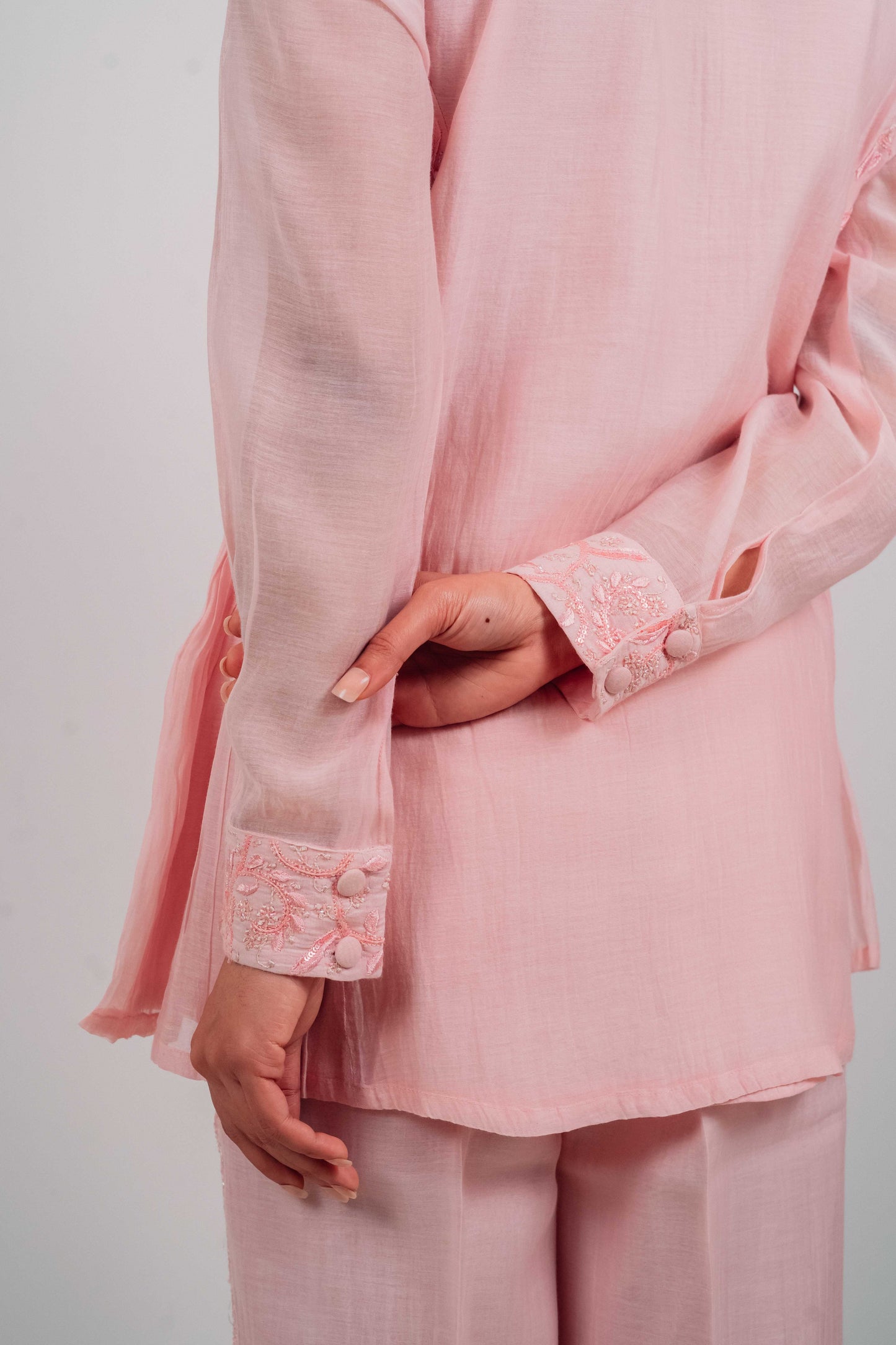 Baby Pink Mul Chanderi Gather Detail Co-Ord Set