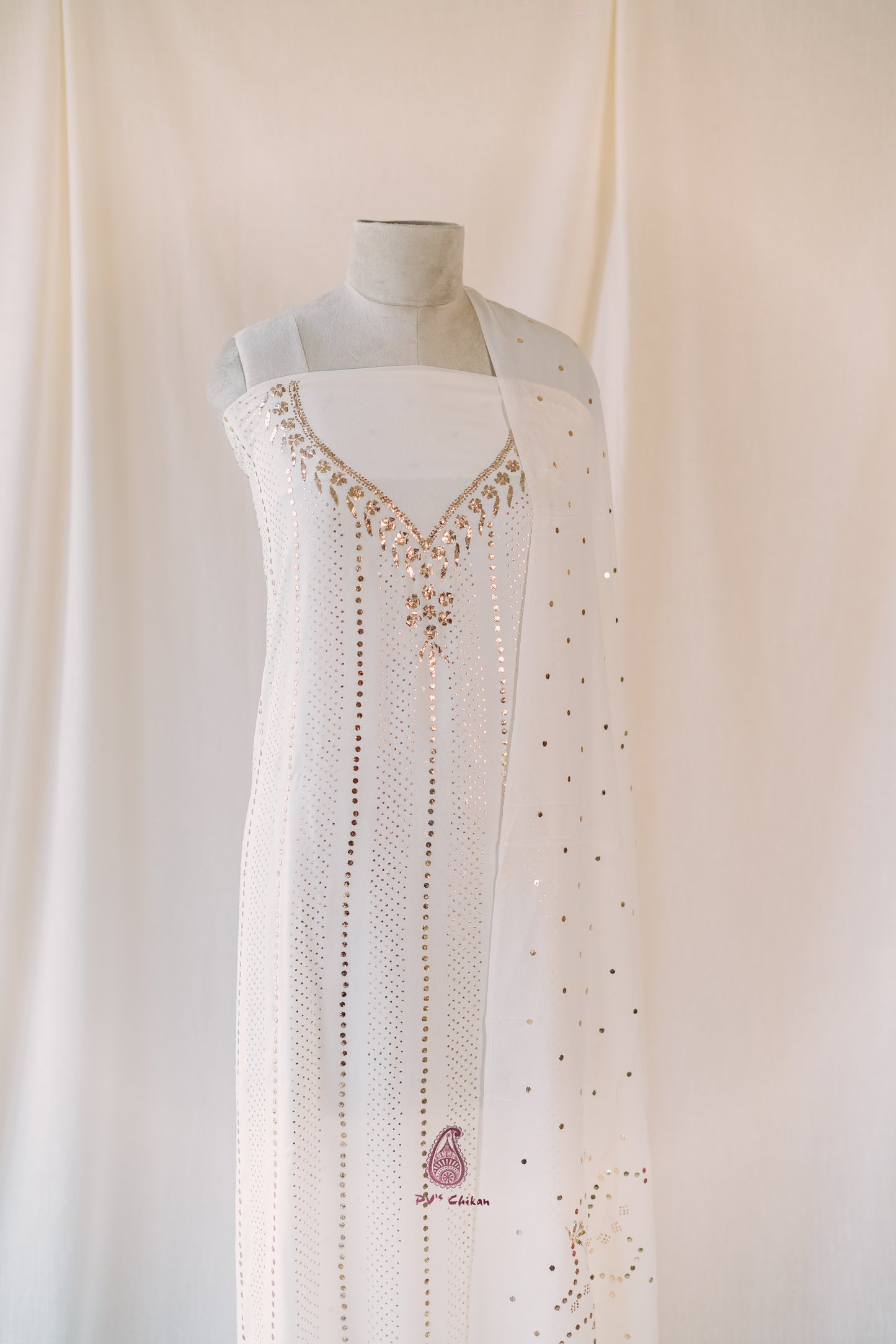 White Dyeable Mukaish V-Neck Georgette Suit
