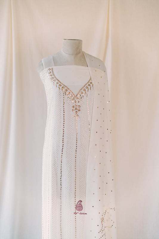White Dyeable Mukaish V-Neck Georgette Suit