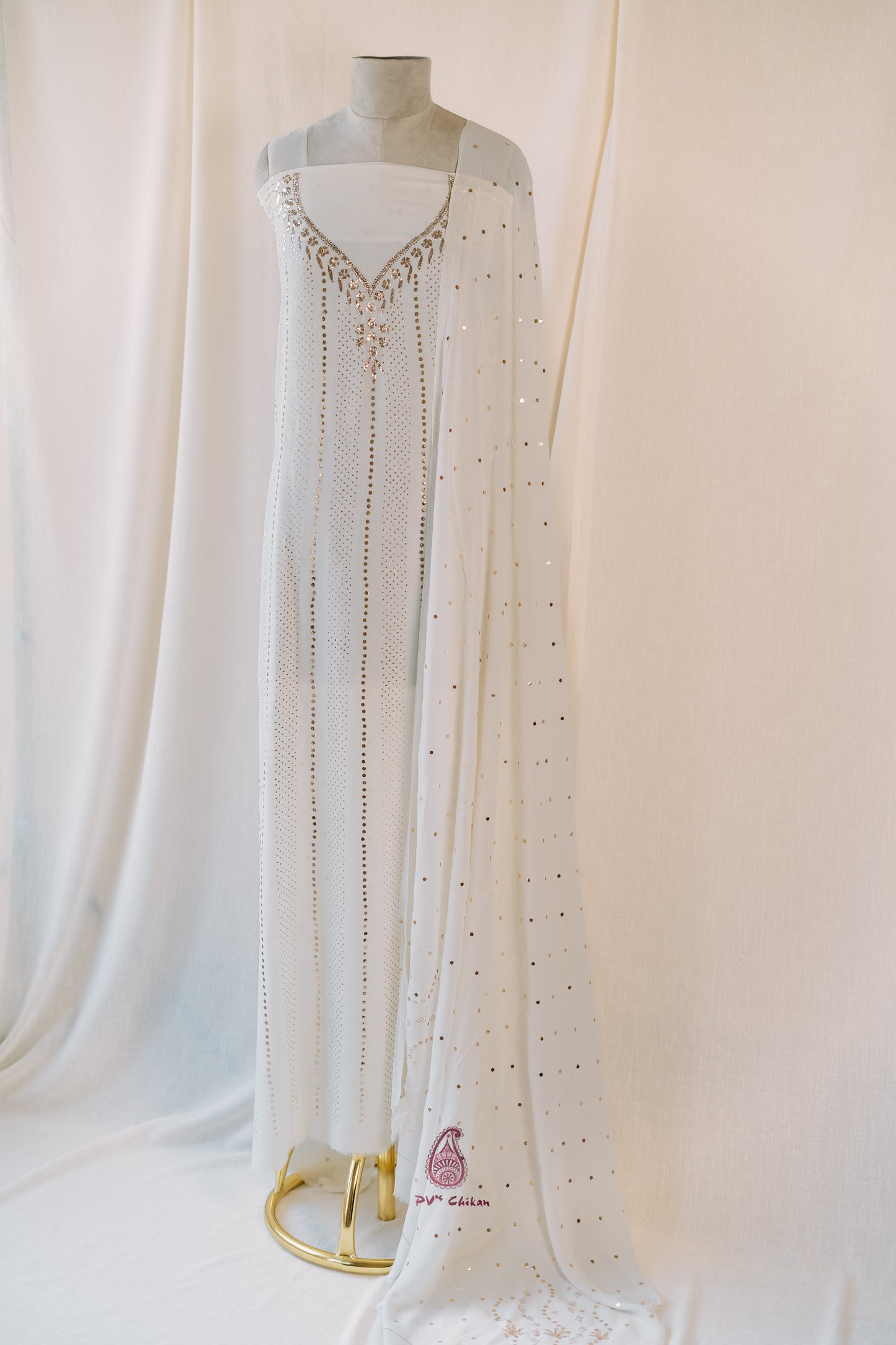 White Dyeable Mukaish V-Neck Georgette Suit