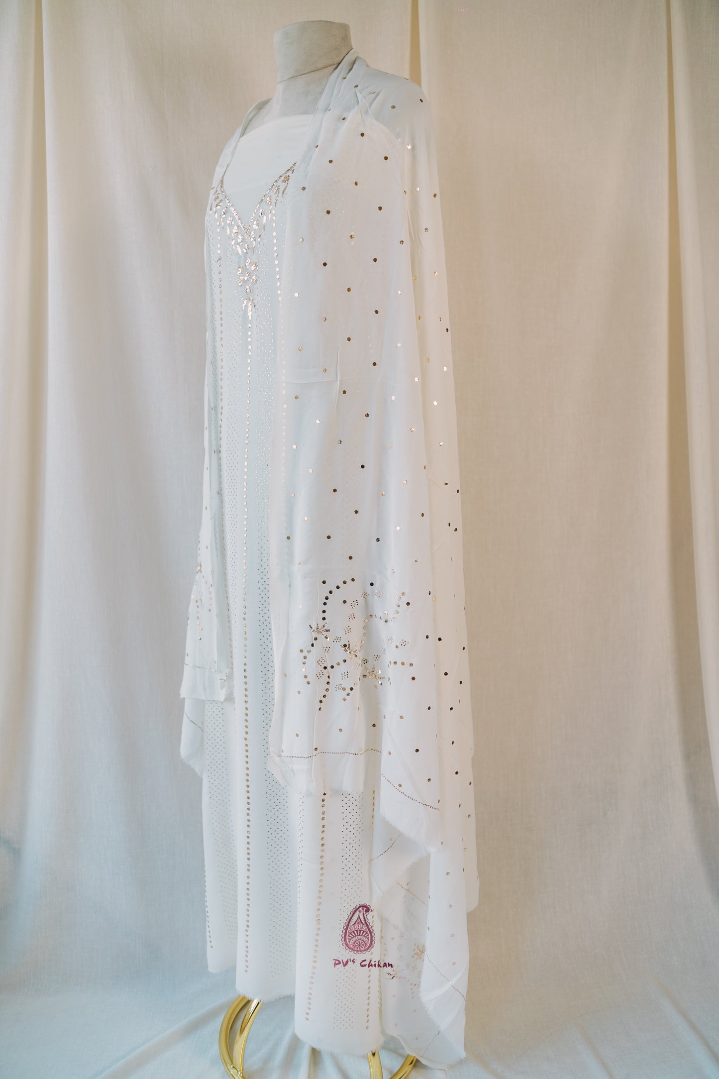 White Dyeable Mukaish V-Neck Georgette Suit