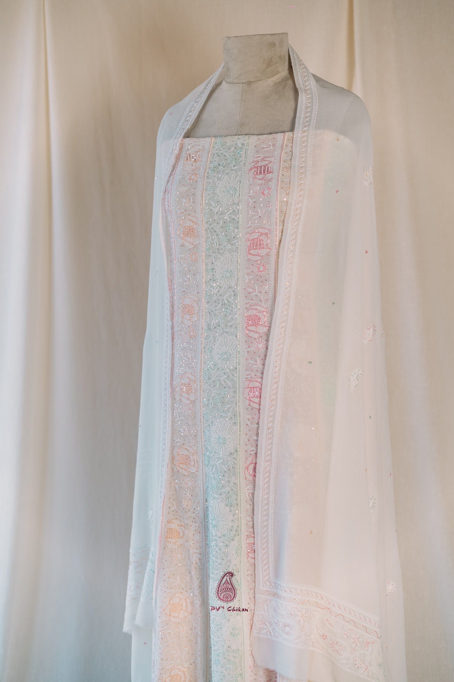 White Do-Taar Chikankari Multicolor Anarkali Set