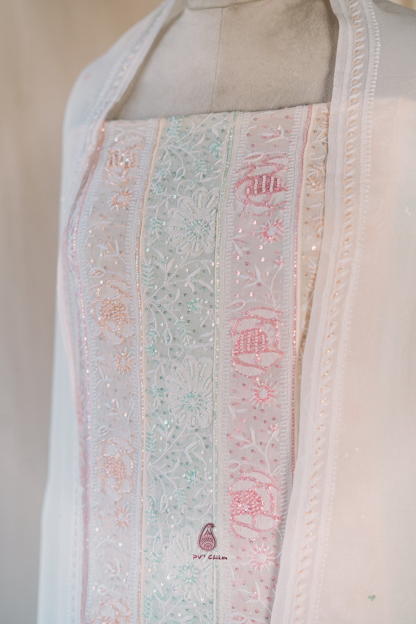 White Do-Taar Chikankari Multicolor Anarkali Set