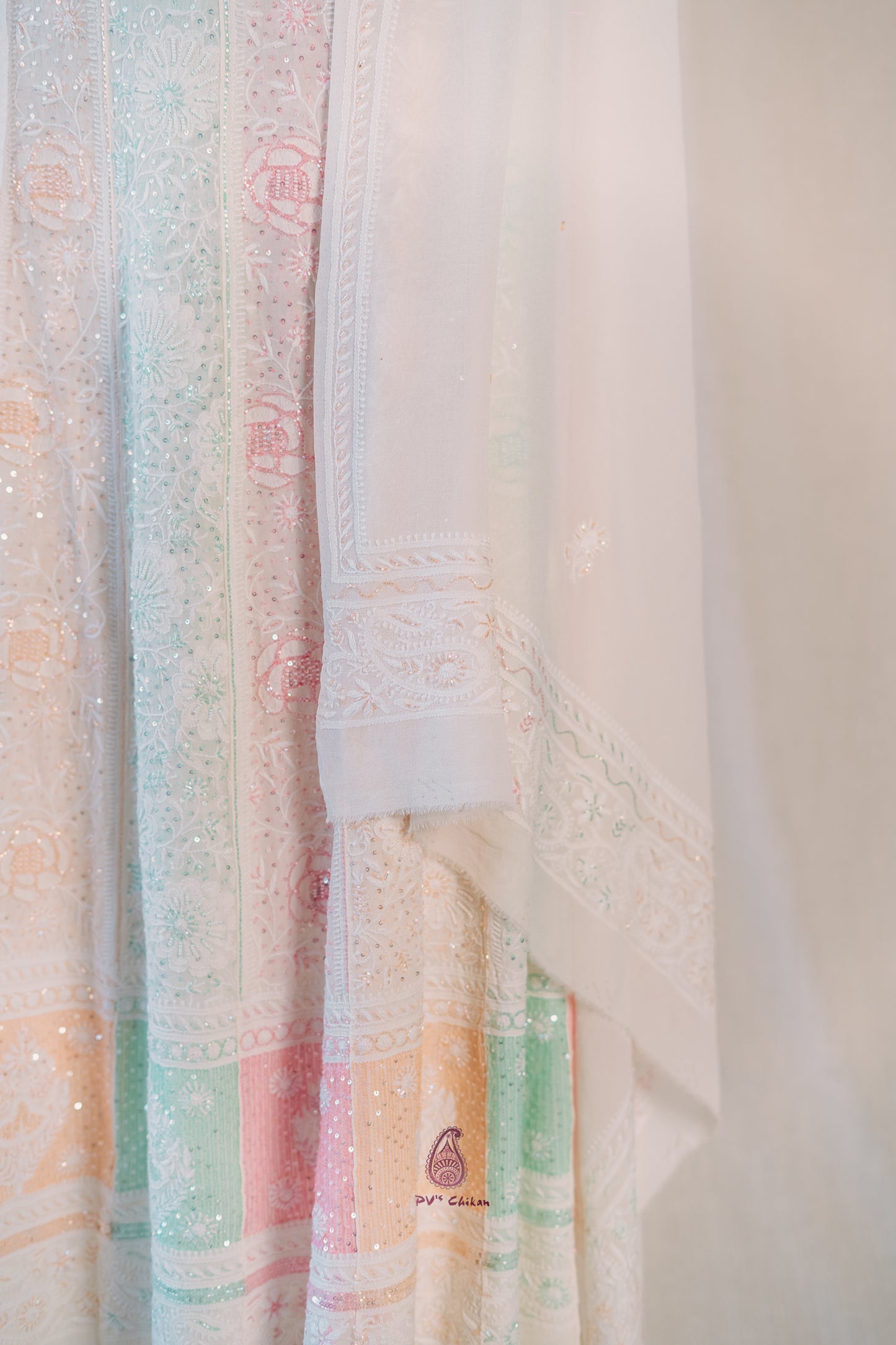 White Do-Taar Chikankari Multicolor Anarkali Set