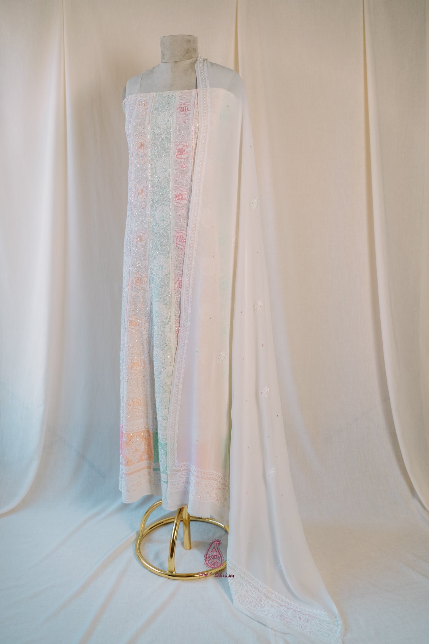 White Do-Taar Chikankari Multicolor Anarkali Set