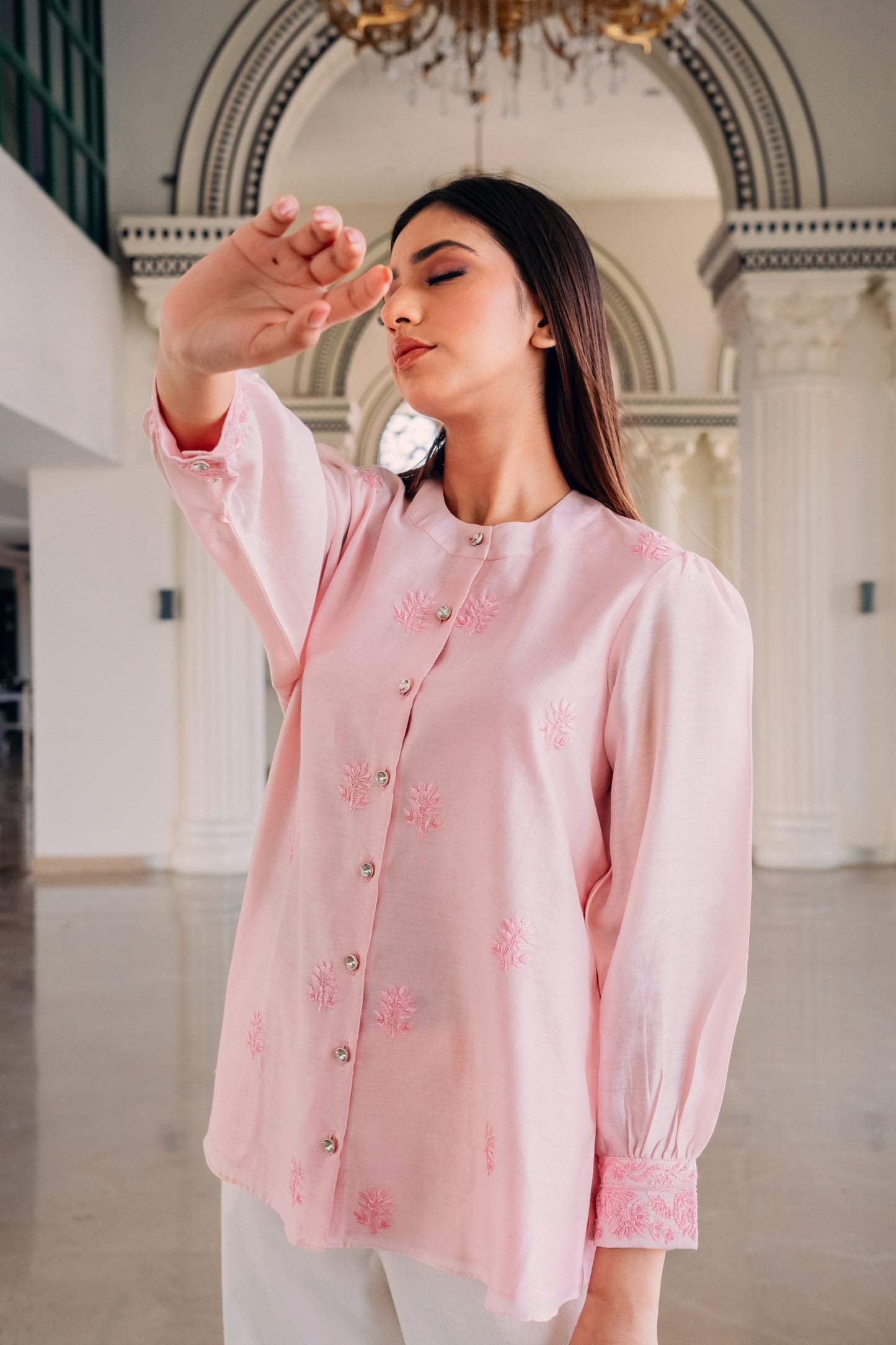 Baby Pink Chanderi Silk Highlighted Chinese Collar Shirt