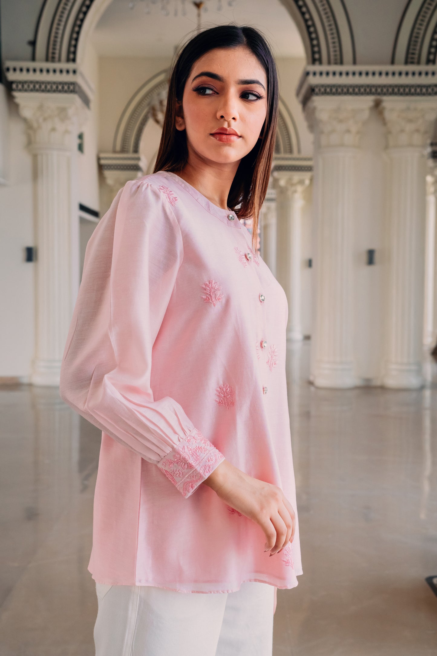 Baby Pink Chanderi Silk Highlighted Chinese Collar Shirt