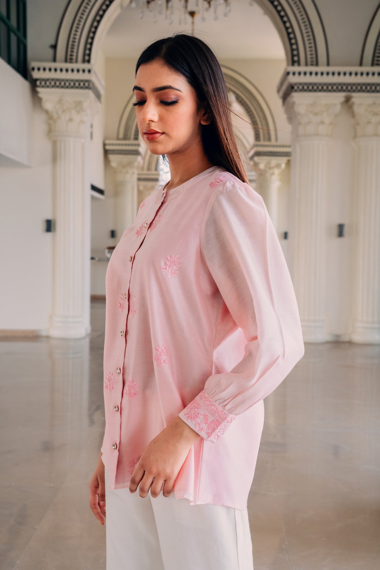 Baby Pink Chanderi Silk Highlighted Chinese Collar Shirt