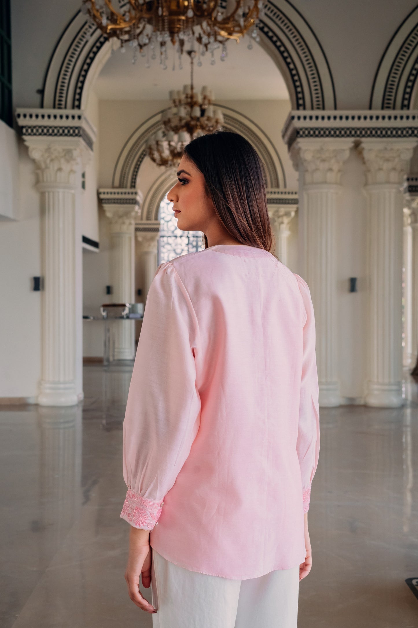 Baby Pink Chanderi Silk Highlighted Chinese Collar Shirt