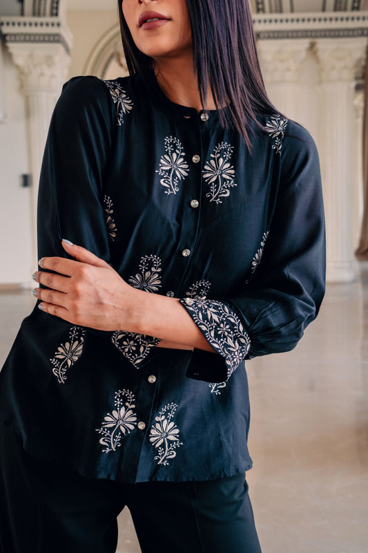 Black Chanderi Silk Chinese Collar Shirt