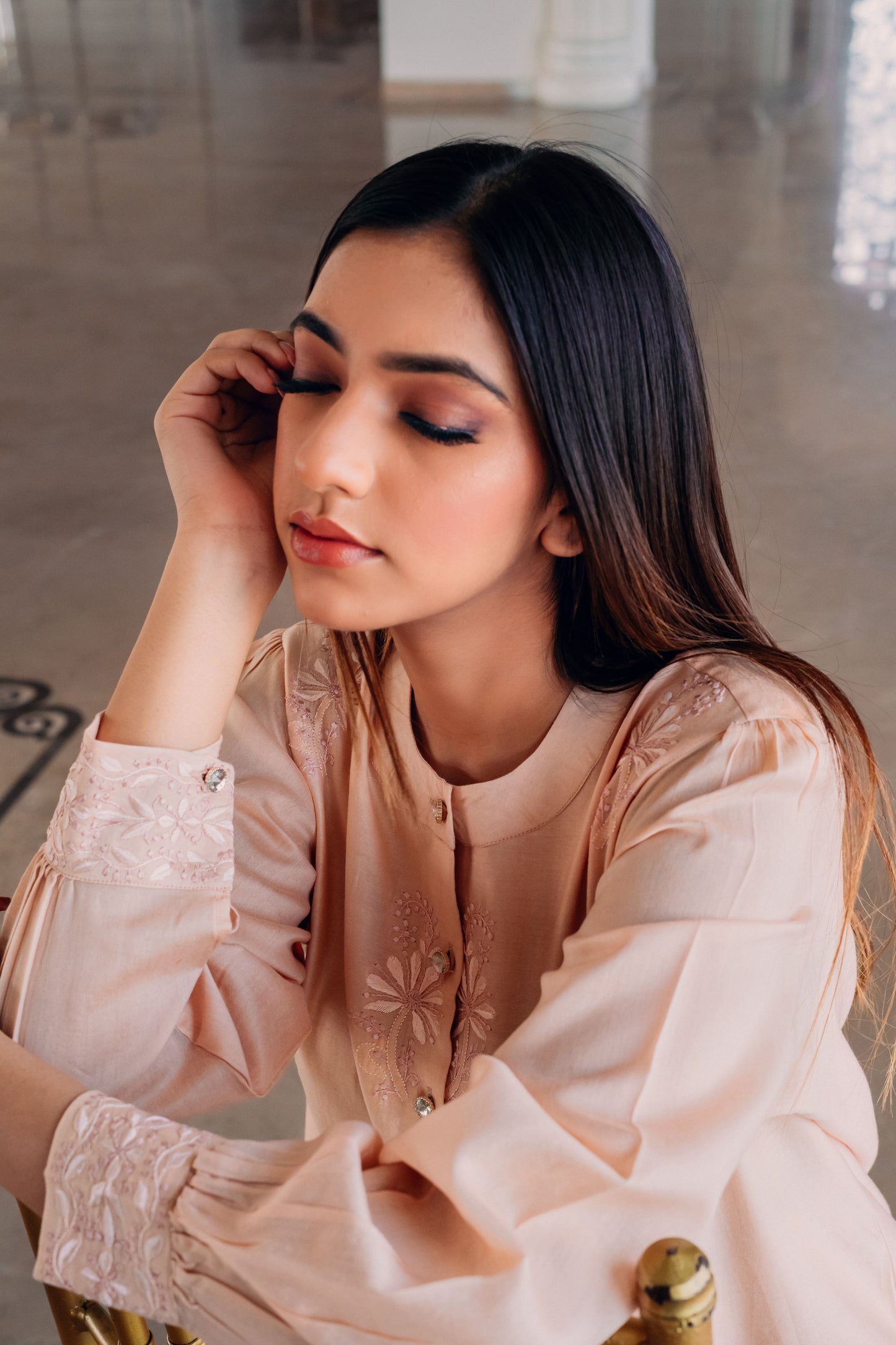 Light Peach Chanderi Silk Chinese Collar Shirt