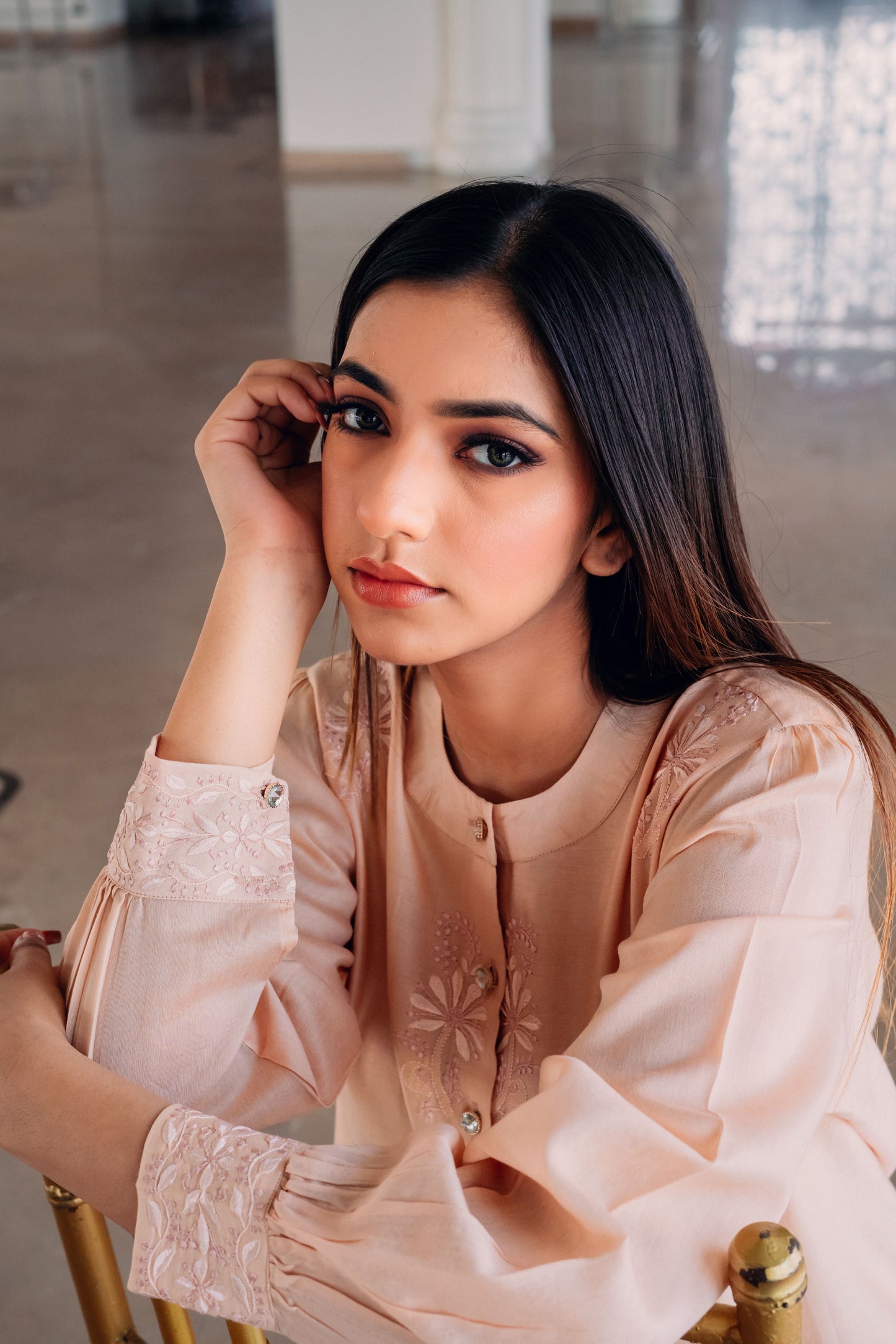 Light Peach Chanderi Silk Chinese Collar Shirt