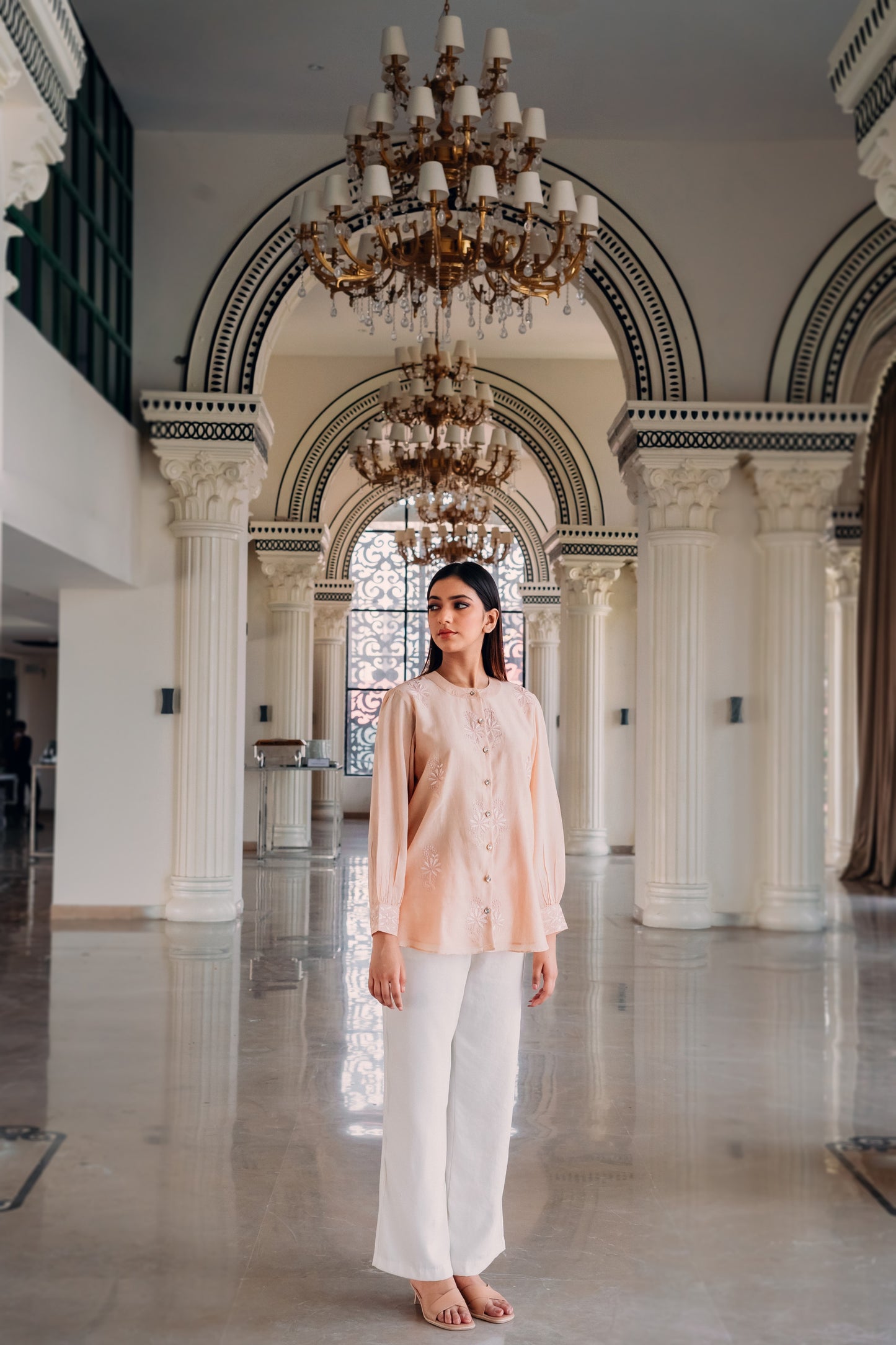 Light Peach Chanderi Silk Chinese Collar Shirt