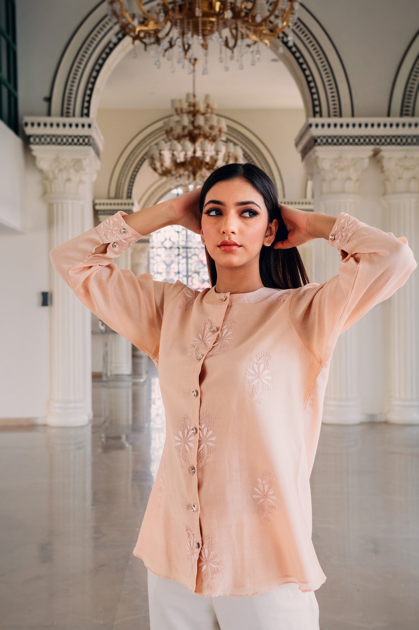 Light Peach Chanderi Silk Chinese Collar Shirt