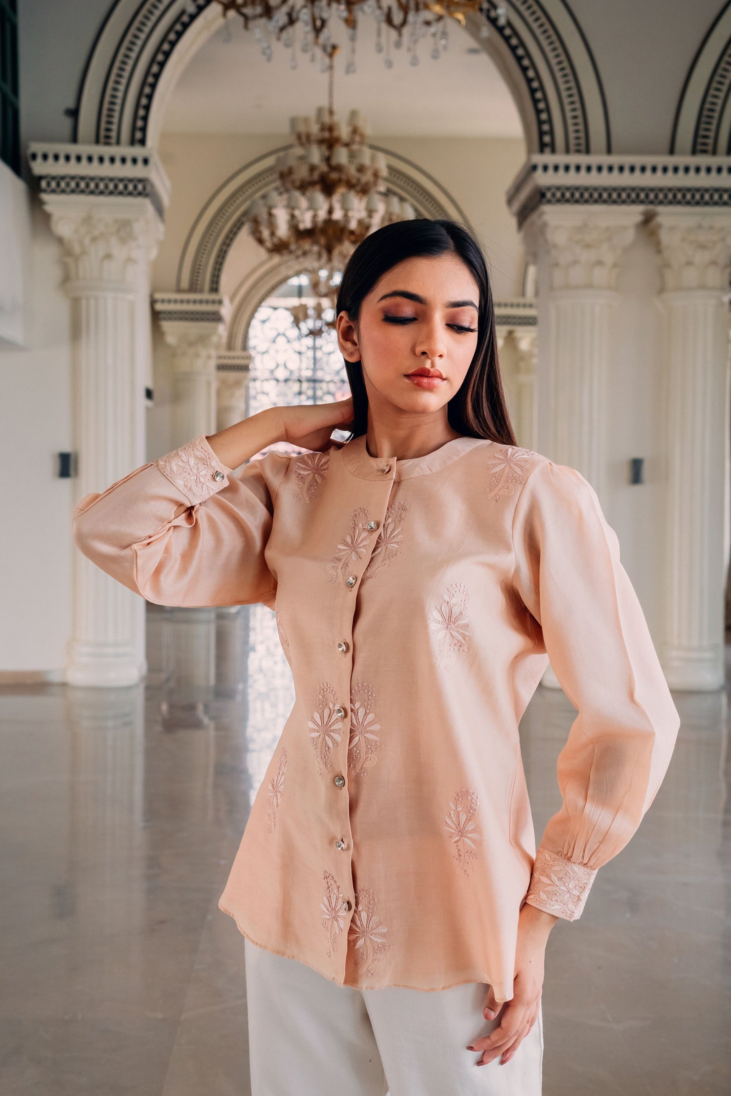 Light Peach Chanderi Silk Chinese Collar Shirt