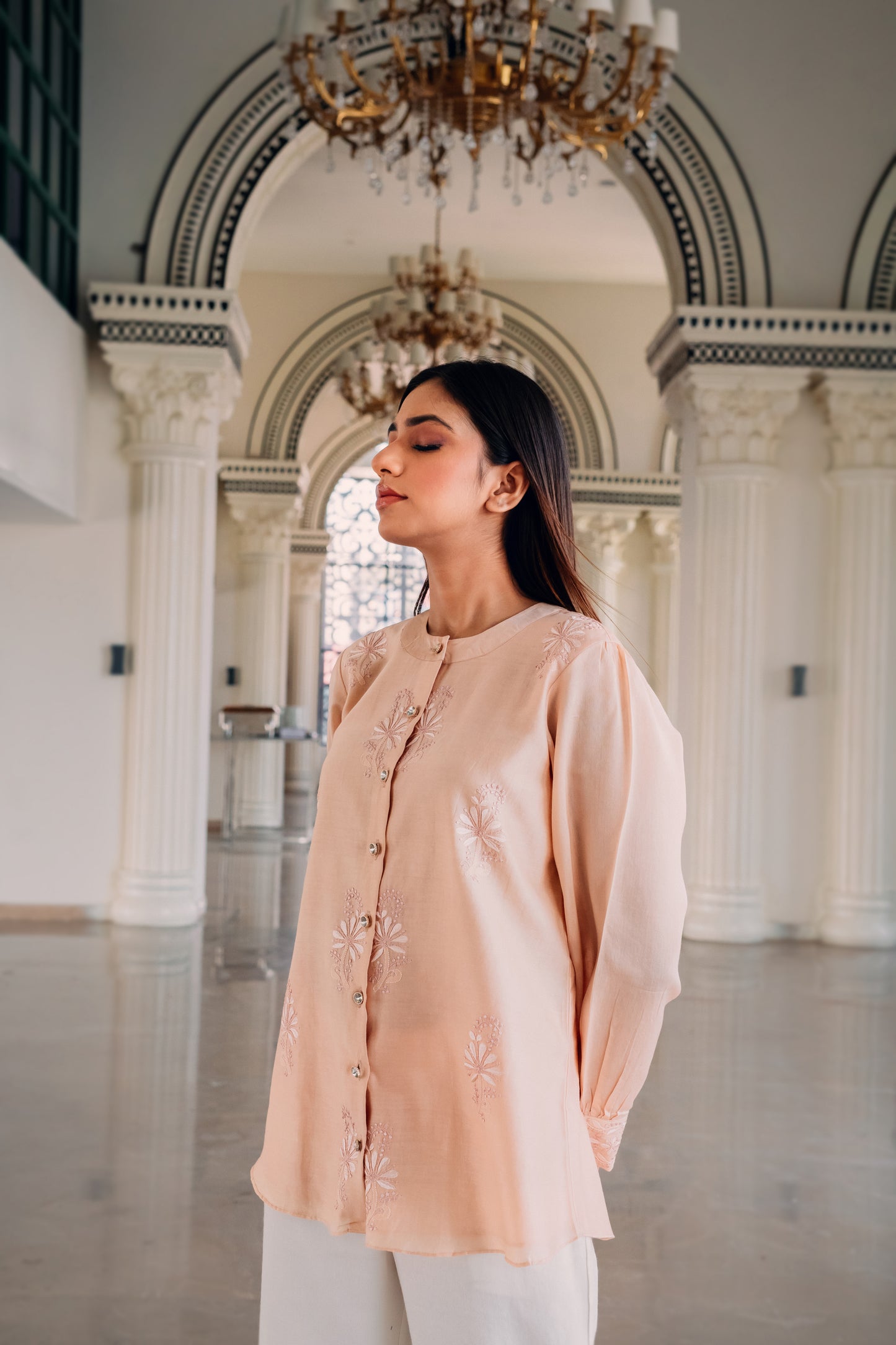 Light Peach Chanderi Silk Chinese Collar Shirt