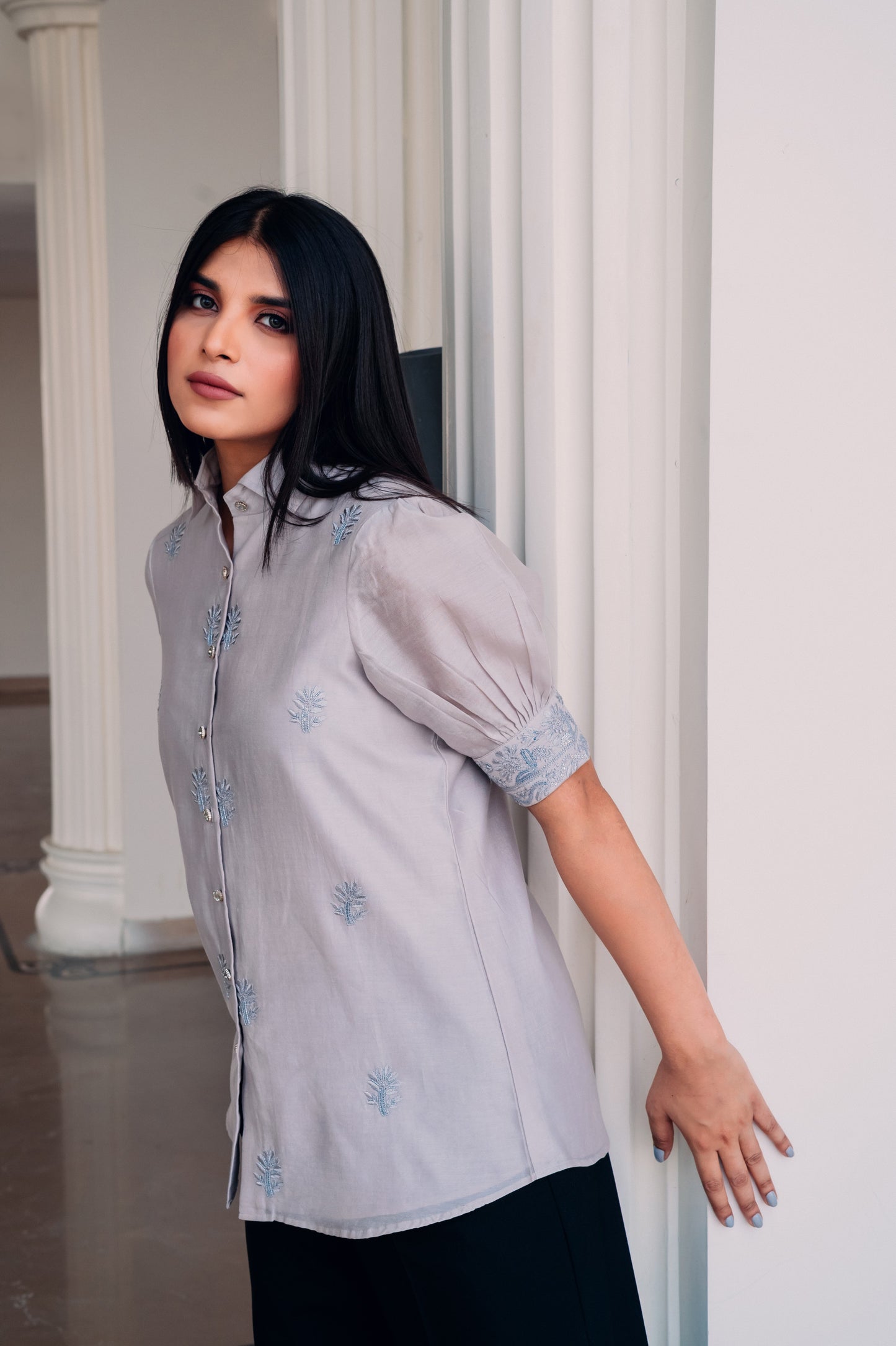 Grey Chanderi Silk Highlighted Half Sleeve Collar Shirt