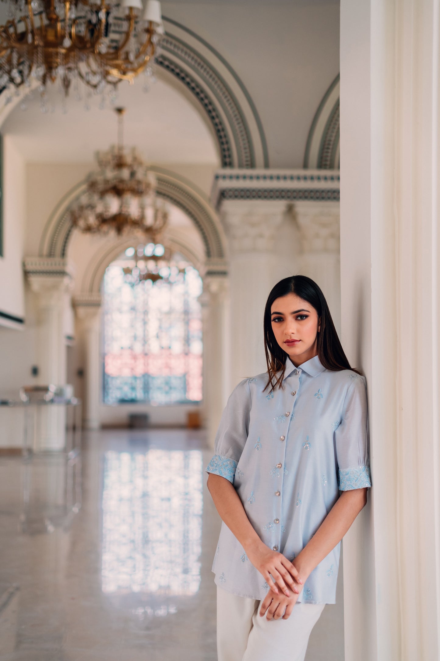 Light Blue Chanderi Silk Highlighted Half Sleeve Collar Shirt