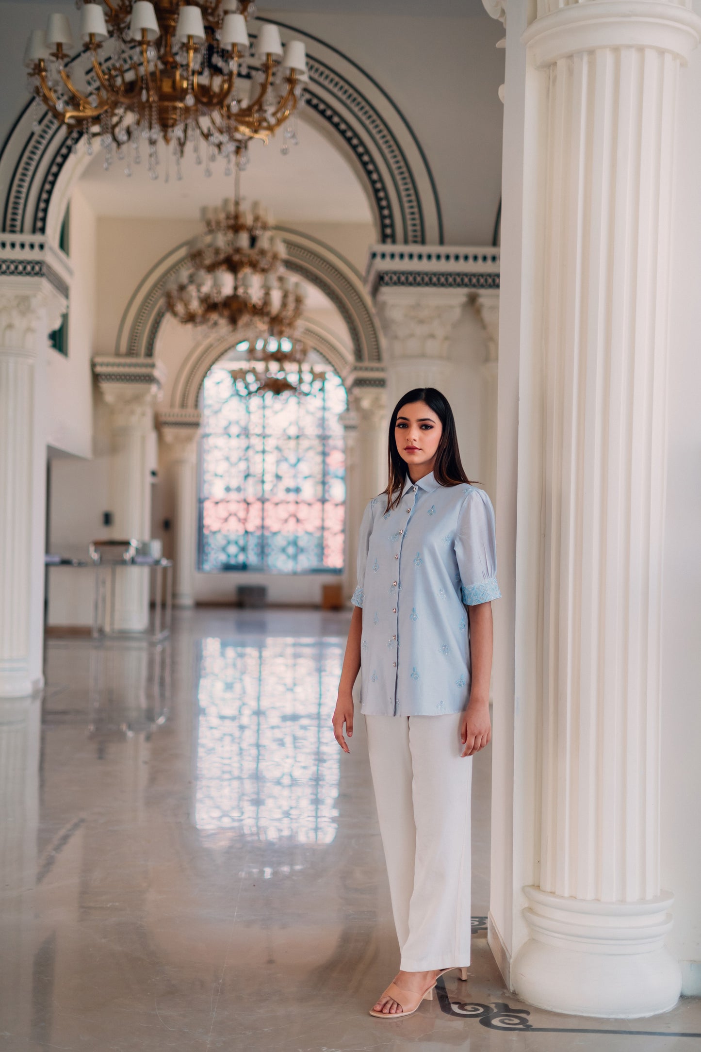 Light Blue Chanderi Silk Highlighted Half Sleeve Collar Shirt