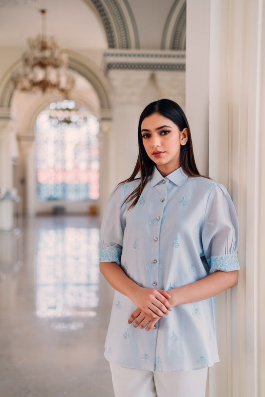 Light Blue Chanderi Silk Highlighted Half Sleeve Collar Shirt