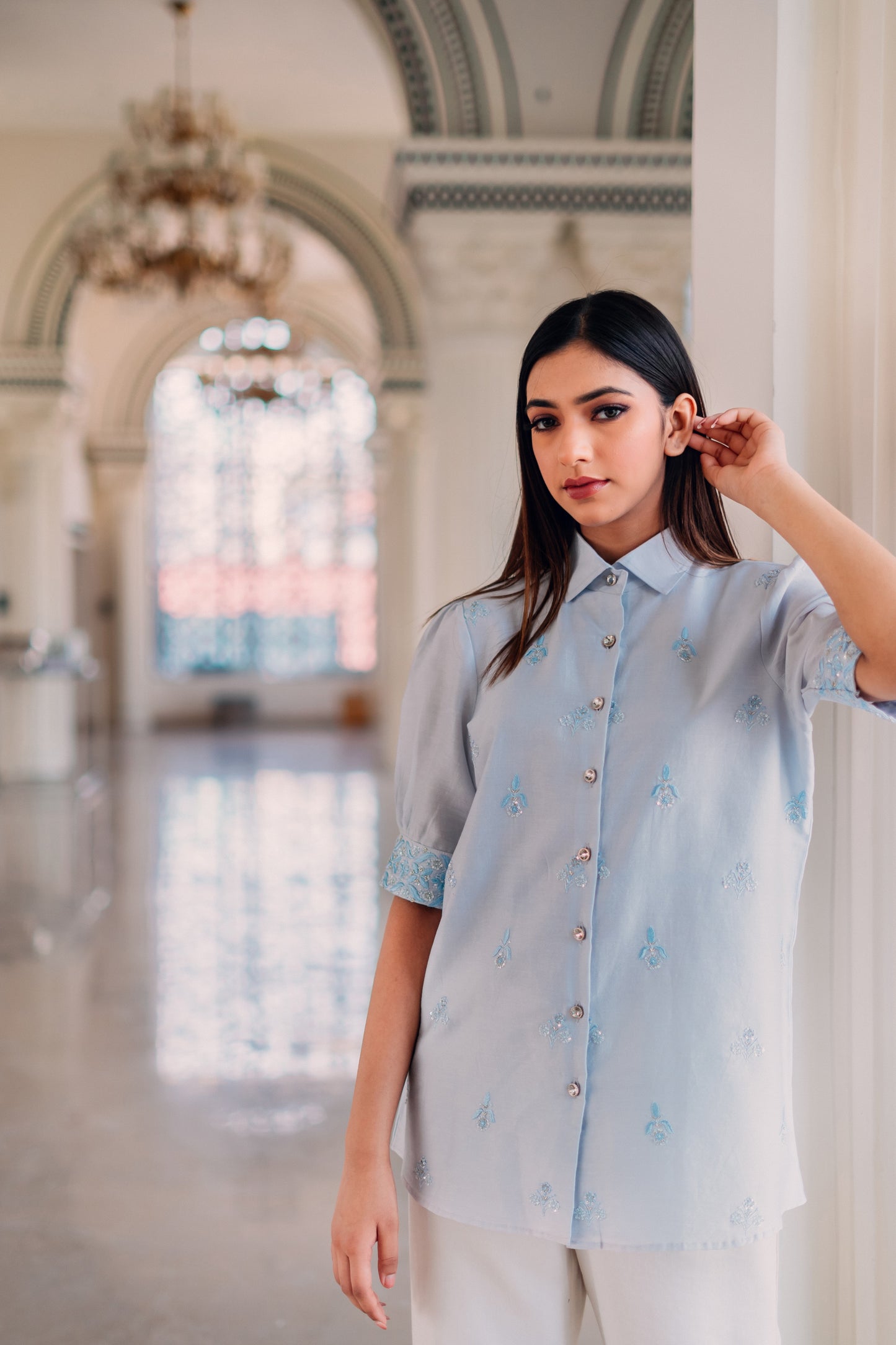 Light Blue Chanderi Silk Highlighted Half Sleeve Collar Shirt