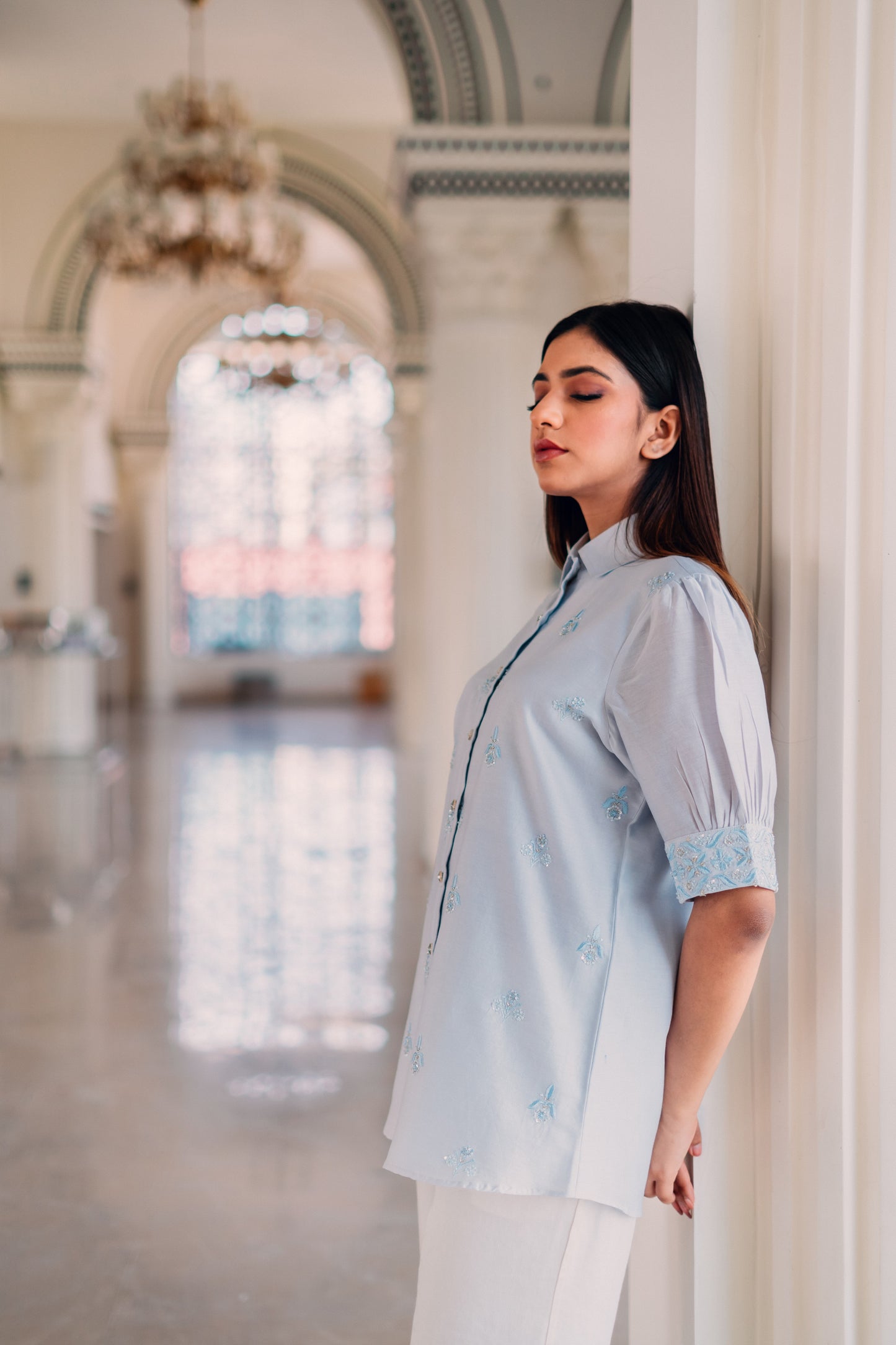 Light Blue Chanderi Silk Highlighted Half Sleeve Collar Shirt