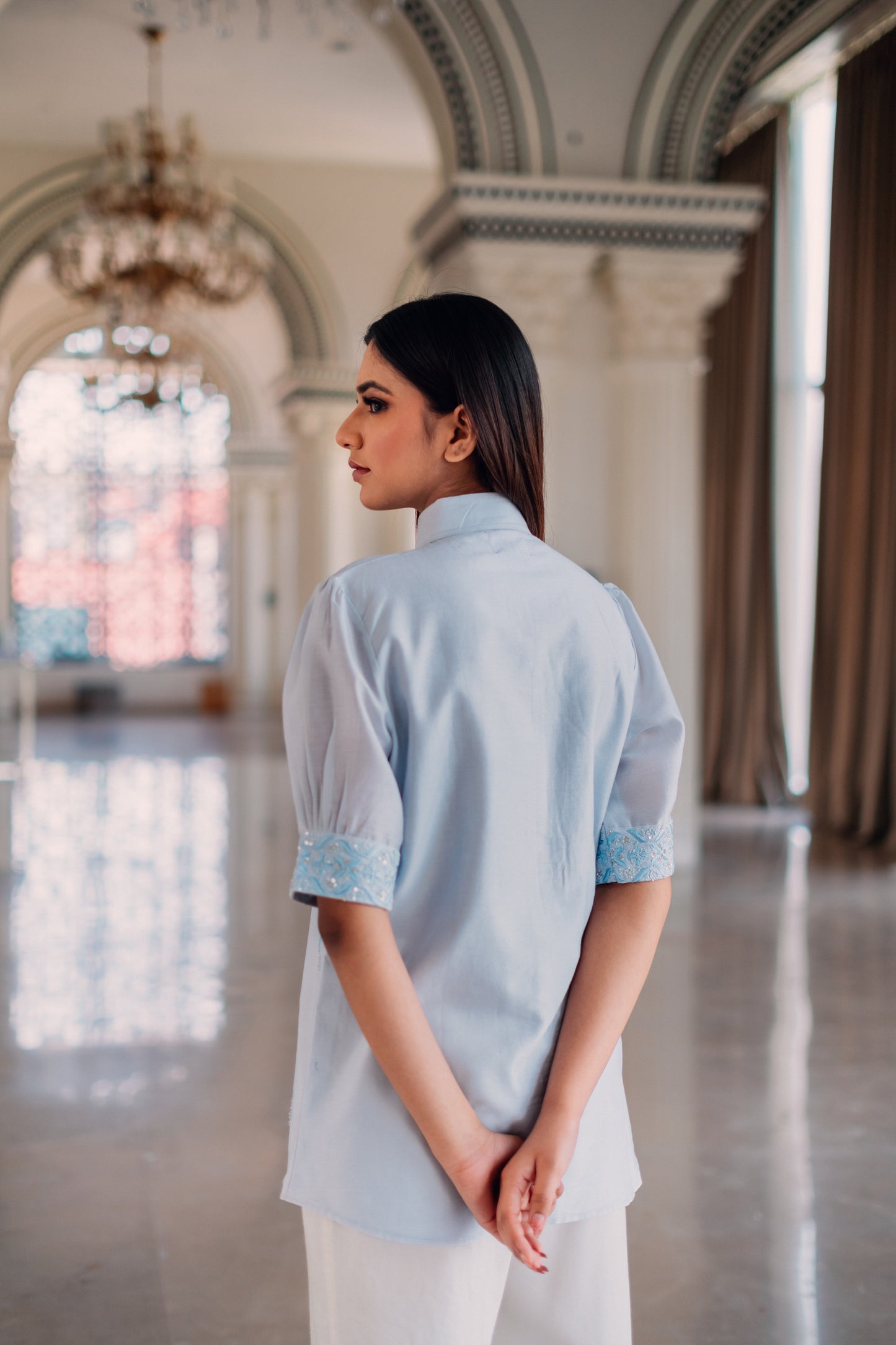 Light Blue Chanderi Silk Highlighted Half Sleeve Collar Shirt