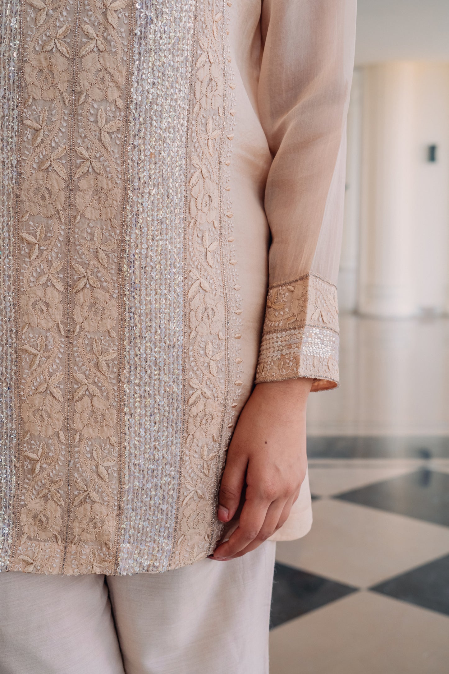 Beige Organza and Silk Chikankari Co-Ord Set