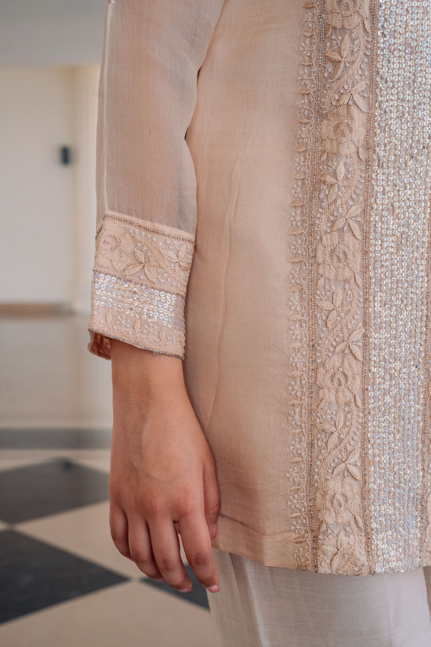 Beige Organza and Silk Chikankari Co-Ord Set