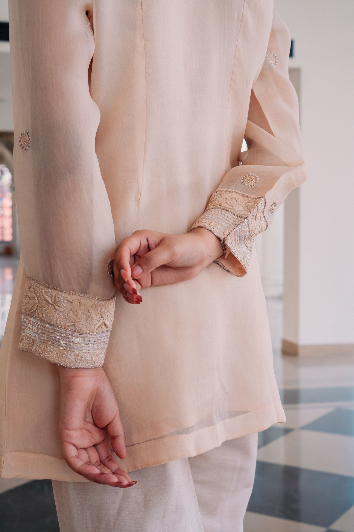 Beige Organza and Silk Chikankari Co-Ord Set