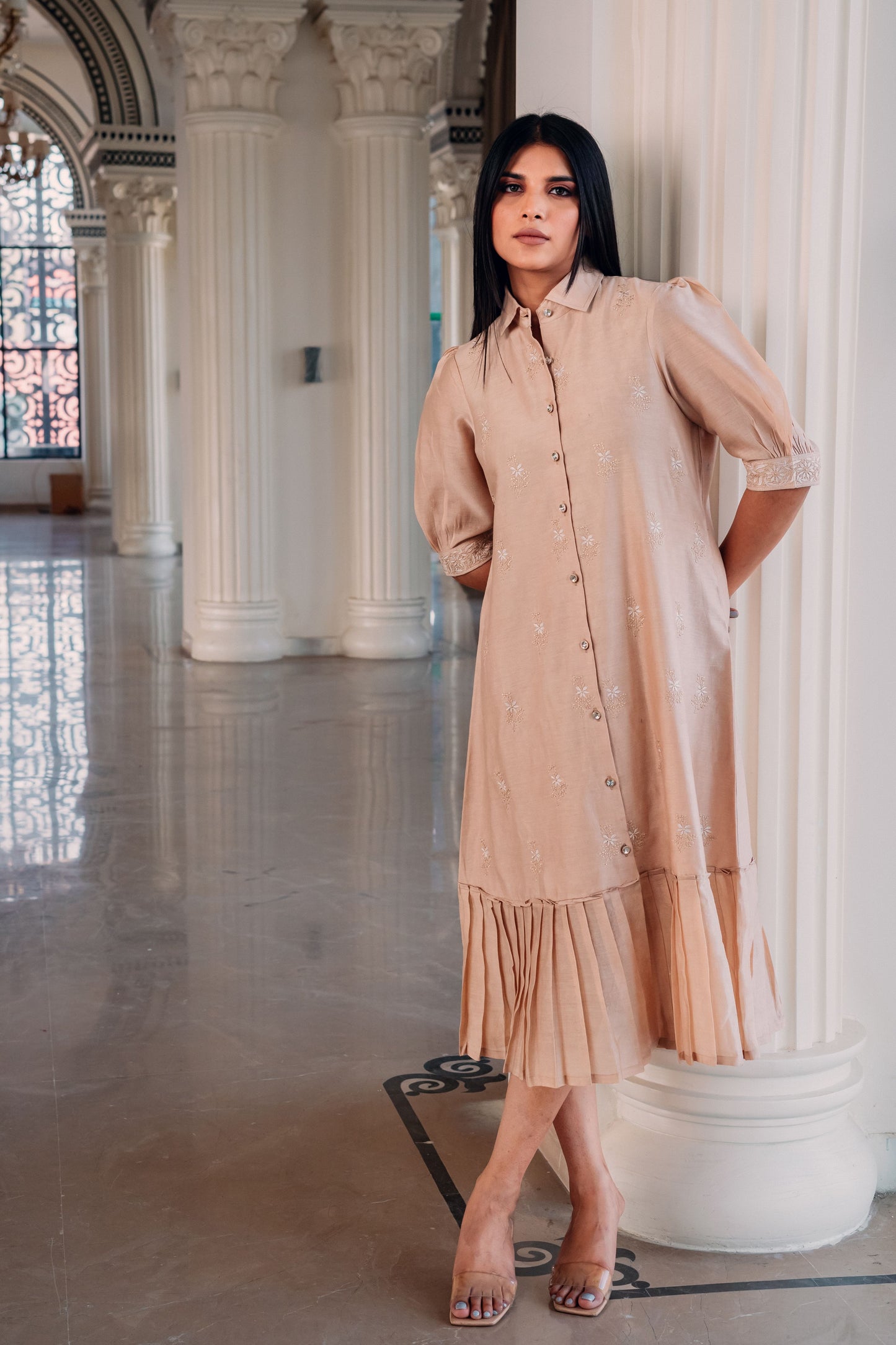 Beige Chanderi Long Dress