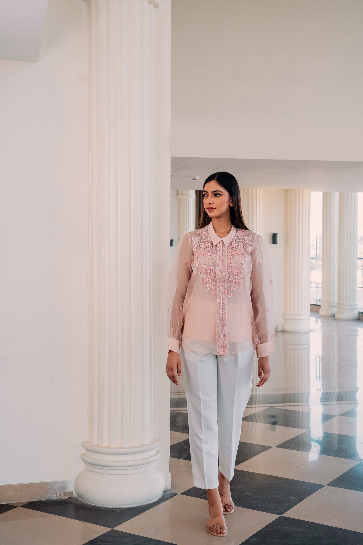 Light Peach Organza Highlighted Chikankari Shirt