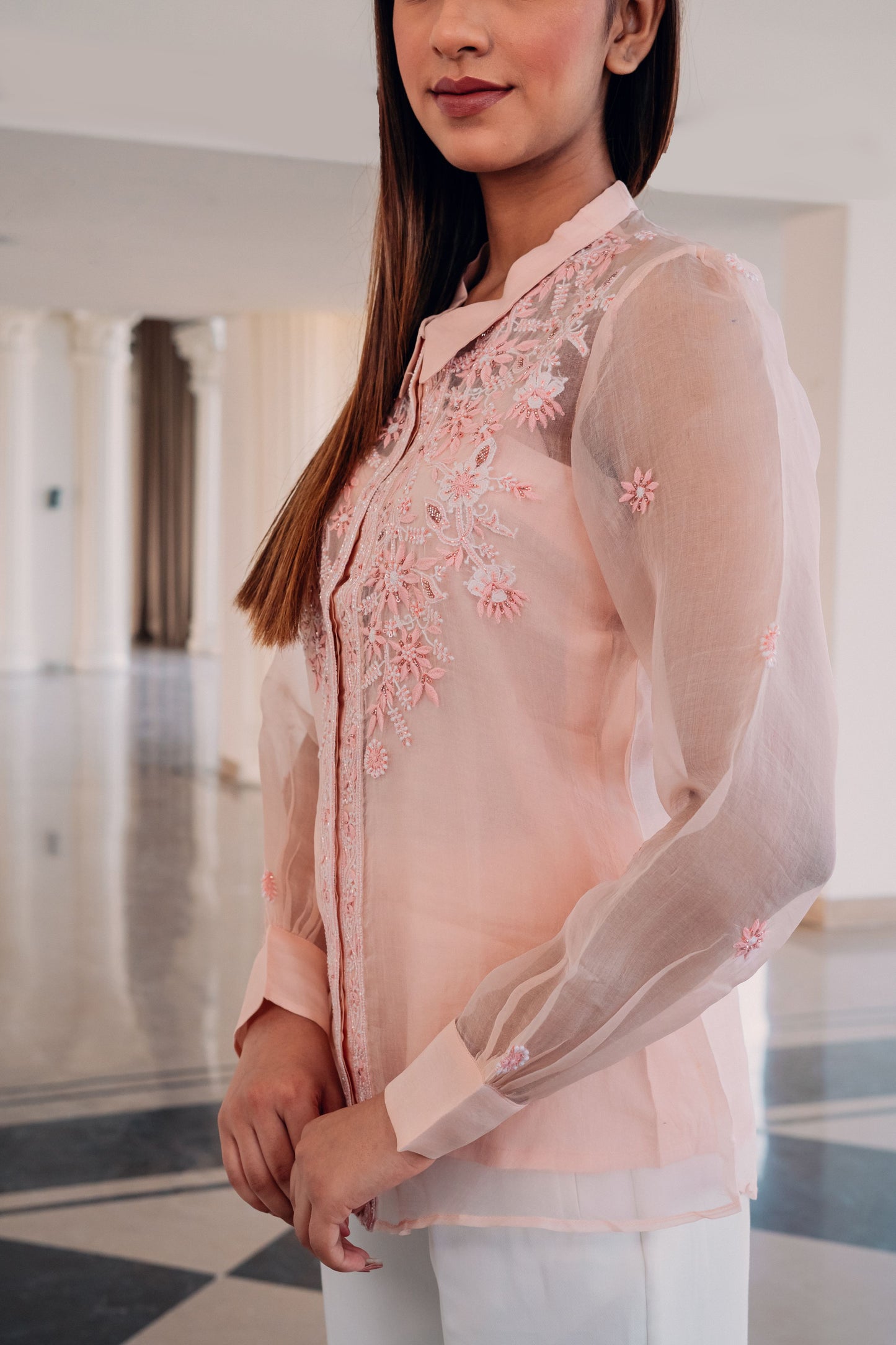 Light Peach Organza Highlighted Chikankari Shirt