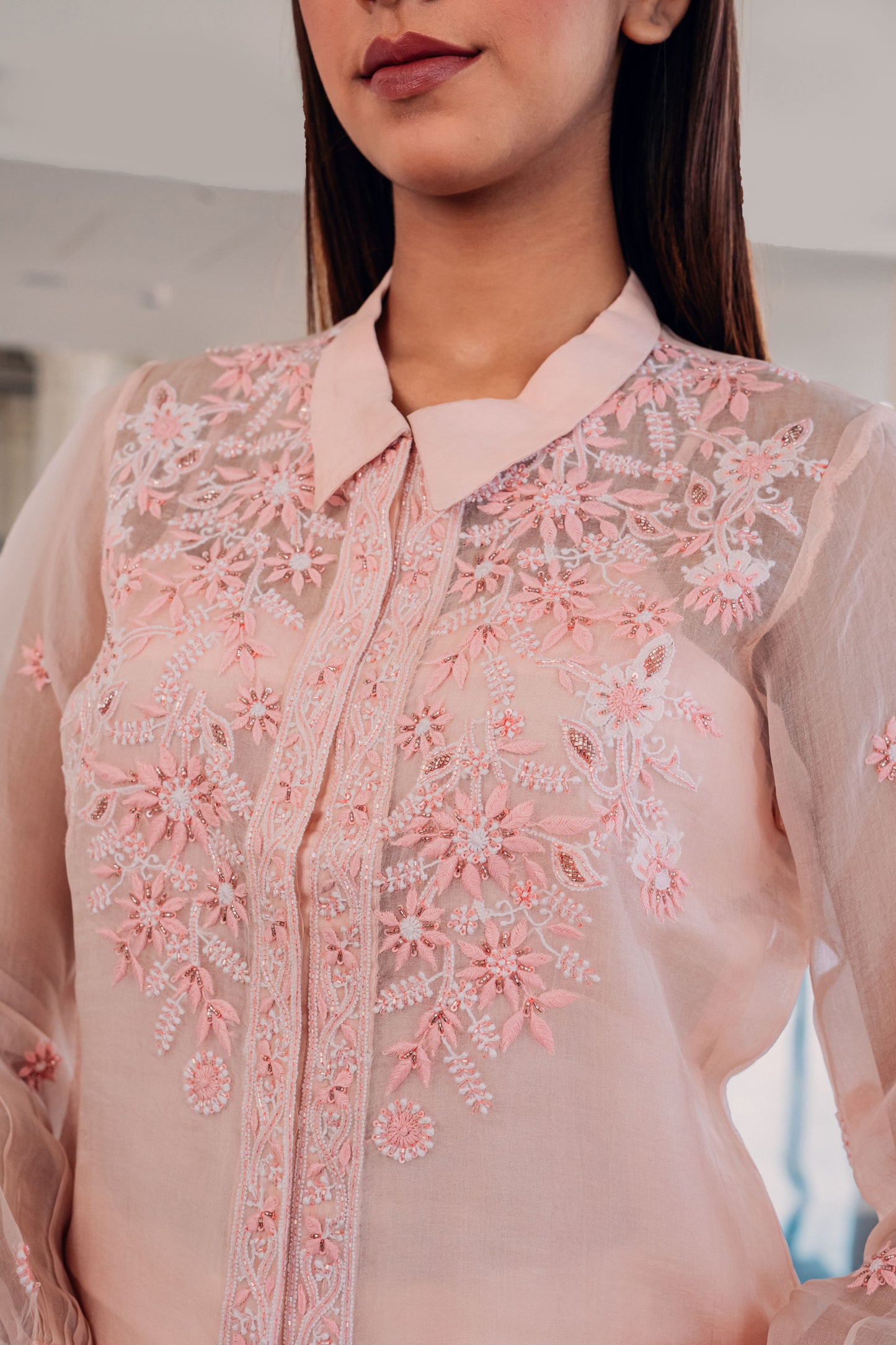 Light Peach Organza Highlighted Chikankari Shirt