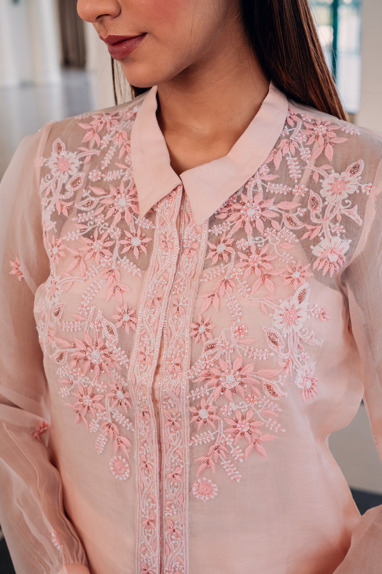 Light Peach Organza Highlighted Chikankari Shirt