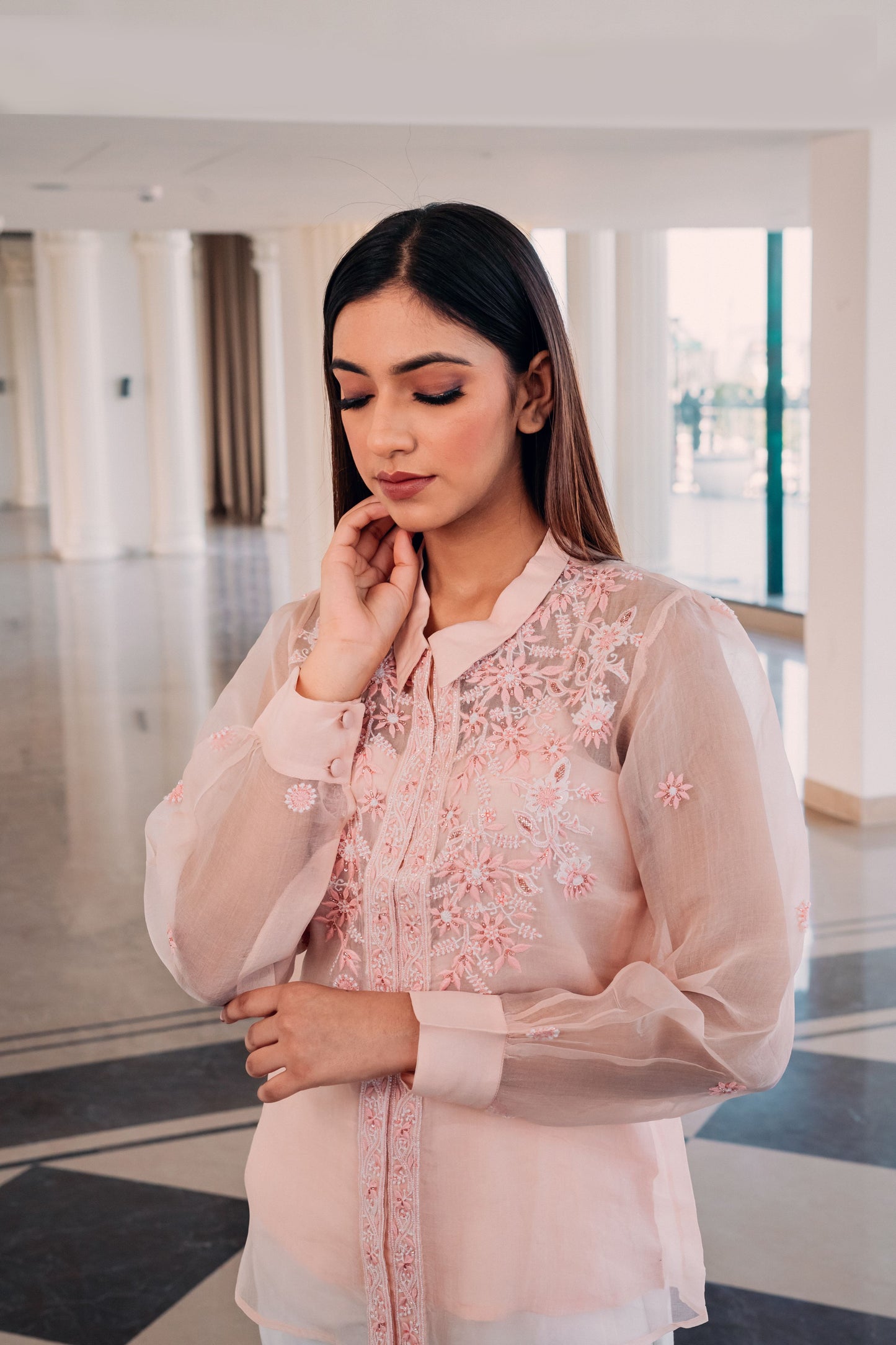 Light Peach Organza Highlighted Chikankari Shirt